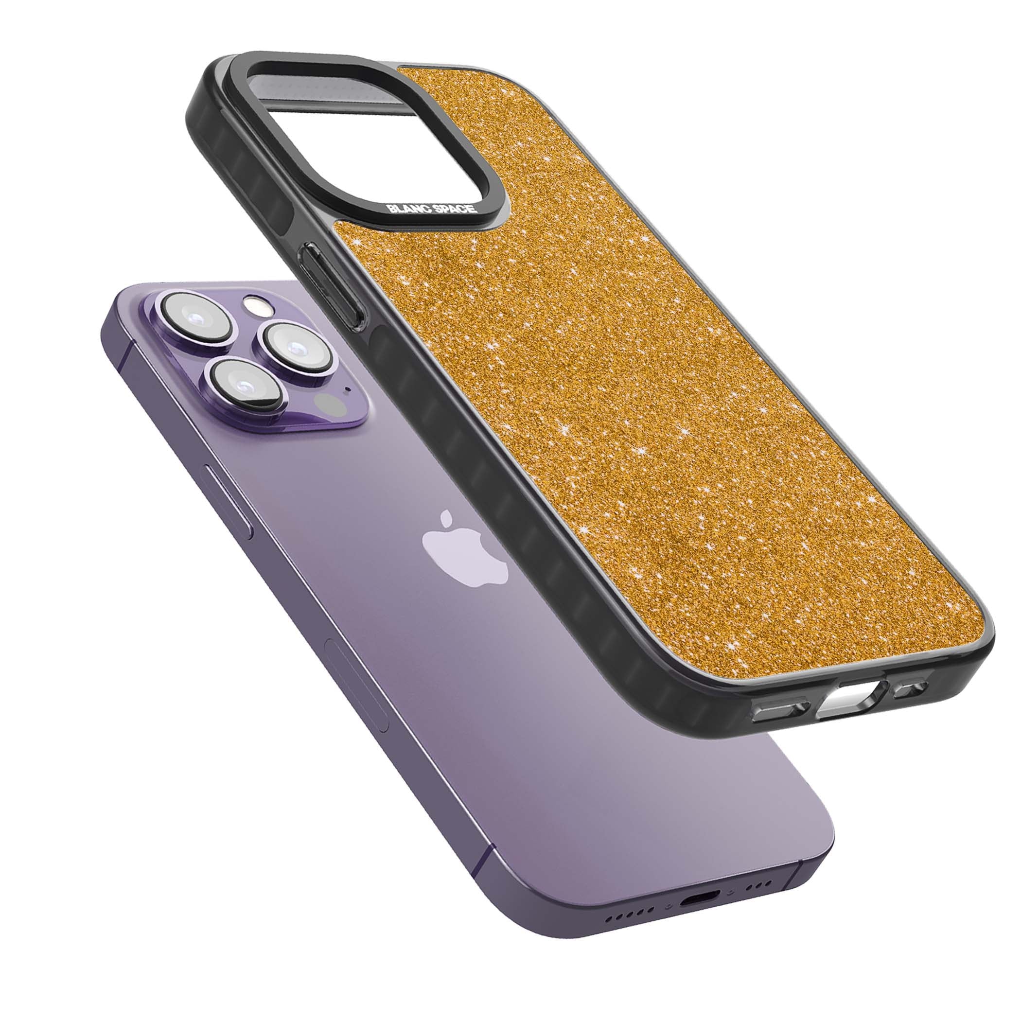 Gold Glitter gold glitter iPhone case featuring a shimmering sparkle wallpaper design in luxury gold | Black Impact case for iPhone 13 Pro, iPhone 14 Pro, iPhone 15 Pro