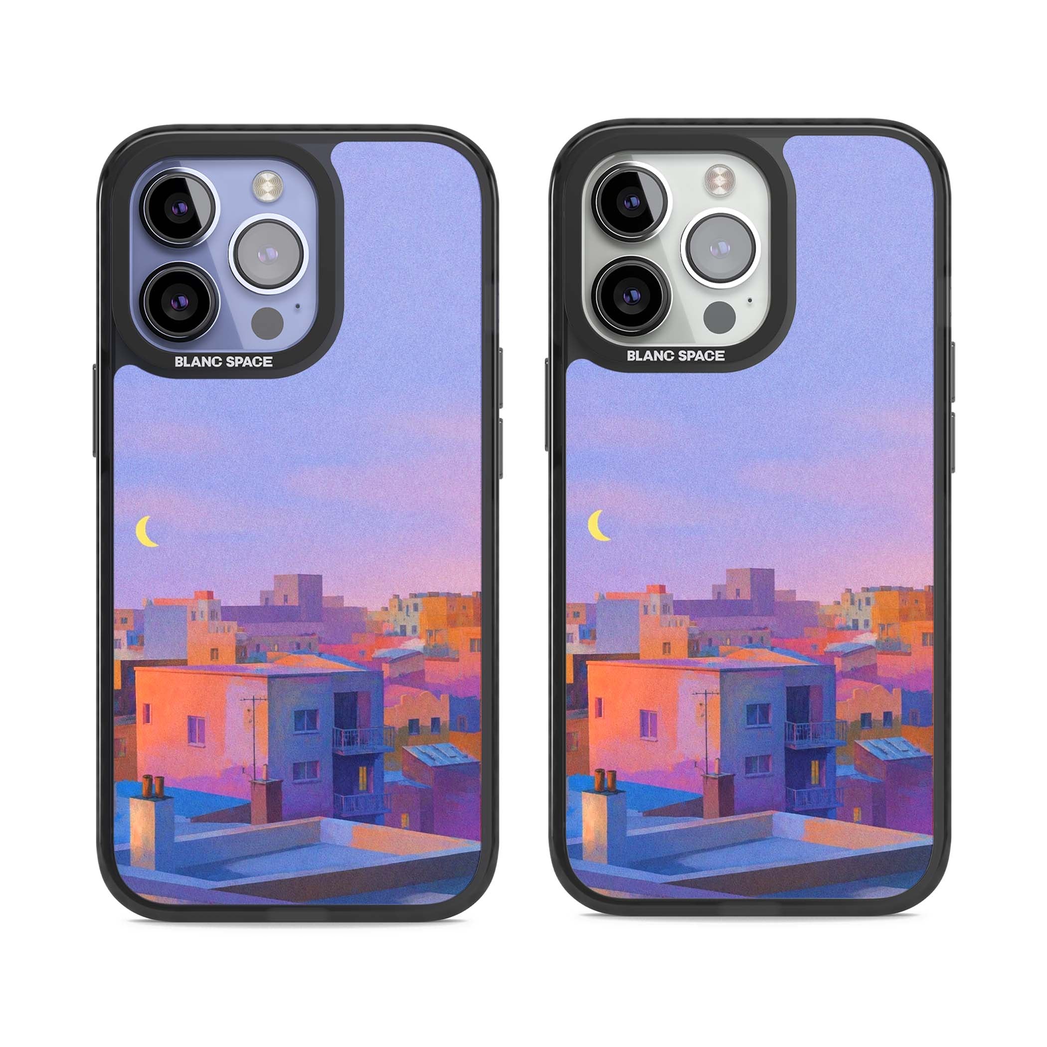 Twilight Rooftops vaporwave iPhone case featuring a pastel sunset cityscape, painted rooftops and a crescent moon. | Black Impact case for iPhone 13 Pro, iPhone 14 Pro, iPhone 15 Pro