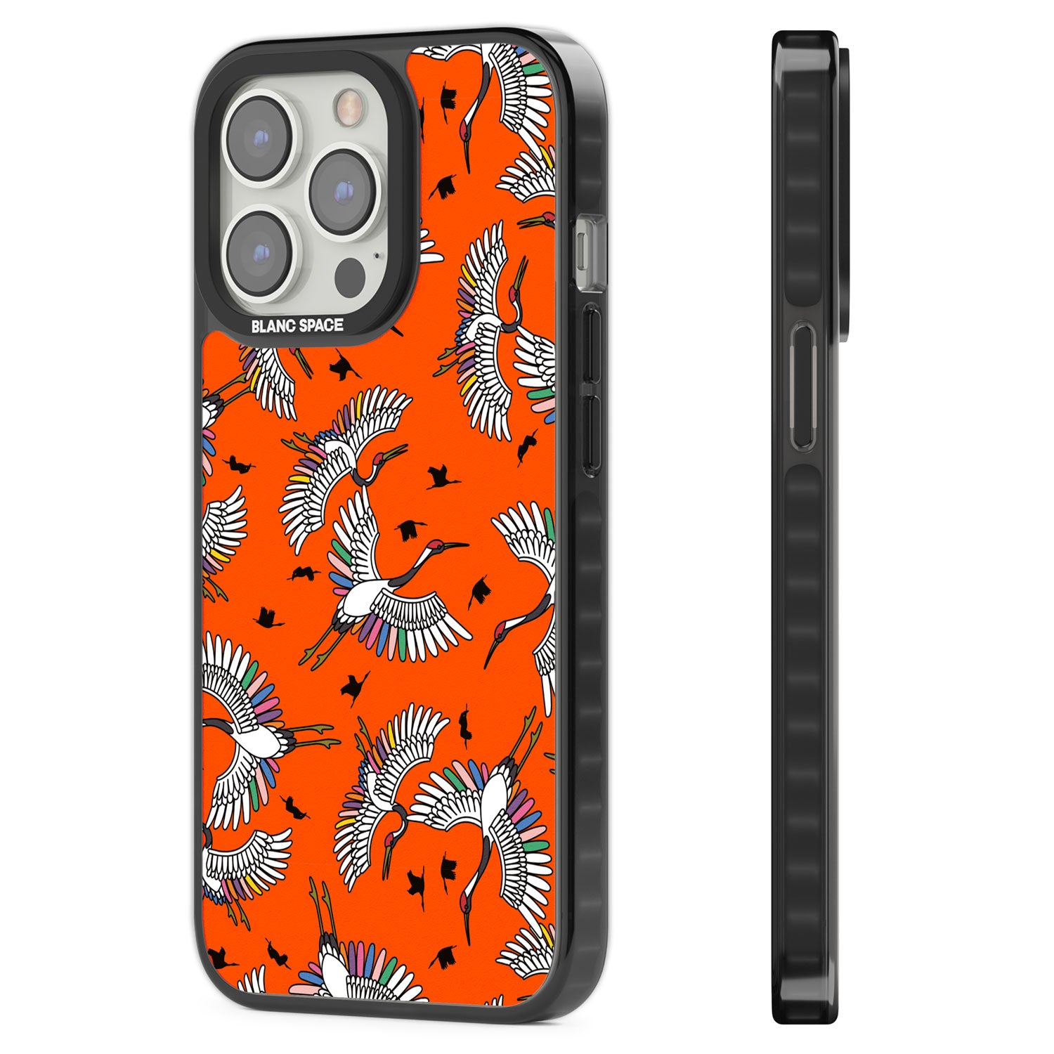 Colourful Crane Pattern (Orange) Black Impact Phone Case for iPhone 13 Pro, iPhone 14 Pro, iPhone 15 Pro