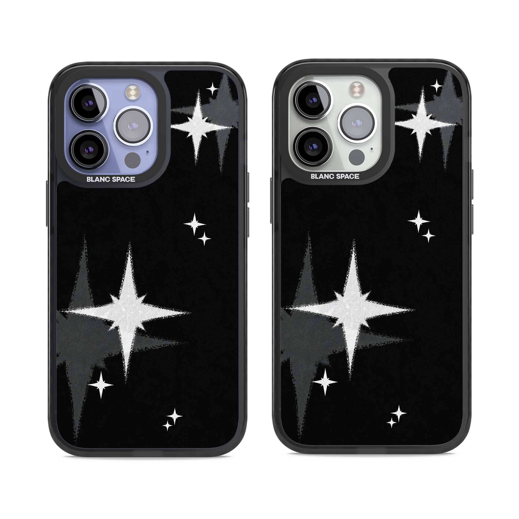Black Sparkle celestial iPhone case featuring white sparkle stars on a black night sky background | Black Impact case for iPhone 13 Pro, iPhone 14 Pro, iPhone 15 Pro