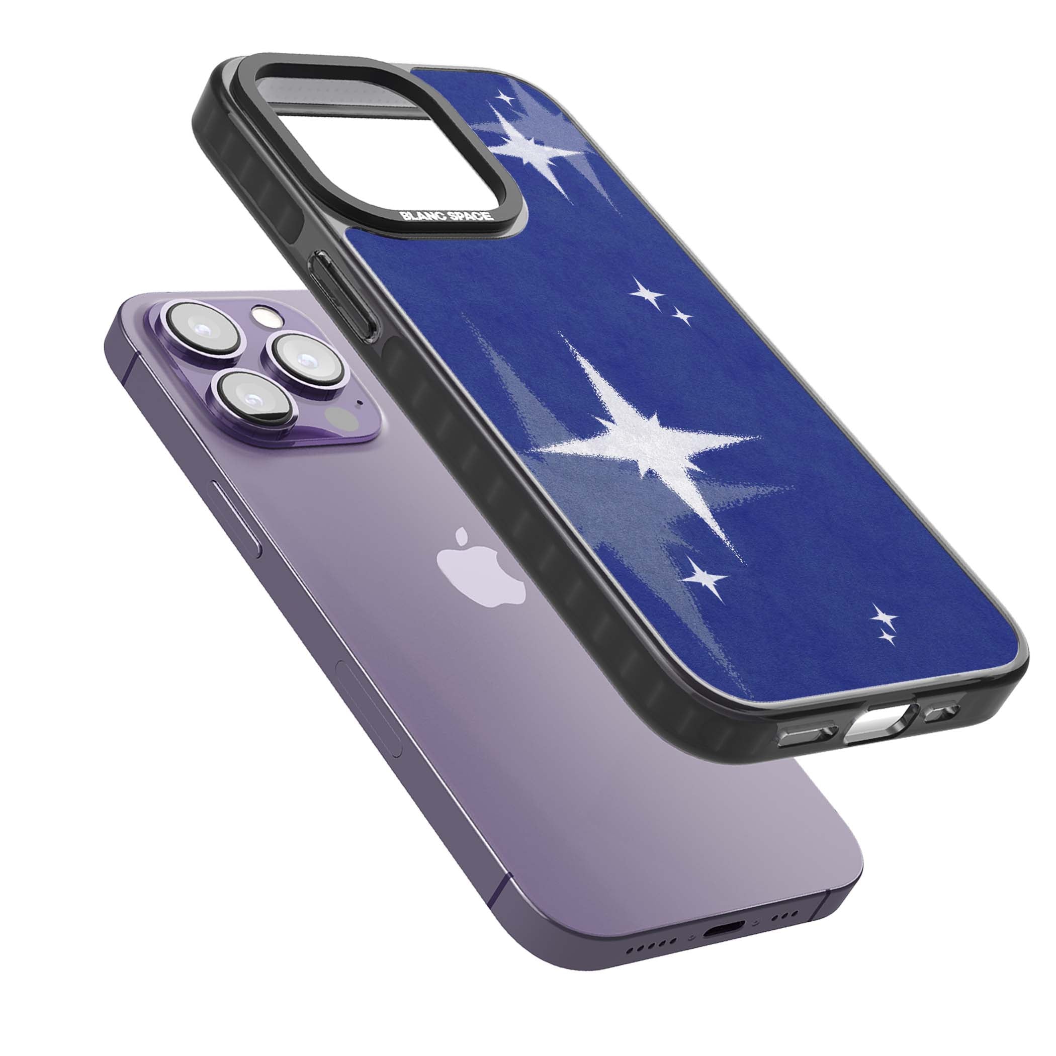 Blue Sparkle celestial iPhone case featuring sparkling silver stars on a deep blue painterly night sky | Black Impact case for iPhone 13 Pro, iPhone 14 Pro, iPhone 15 Pro