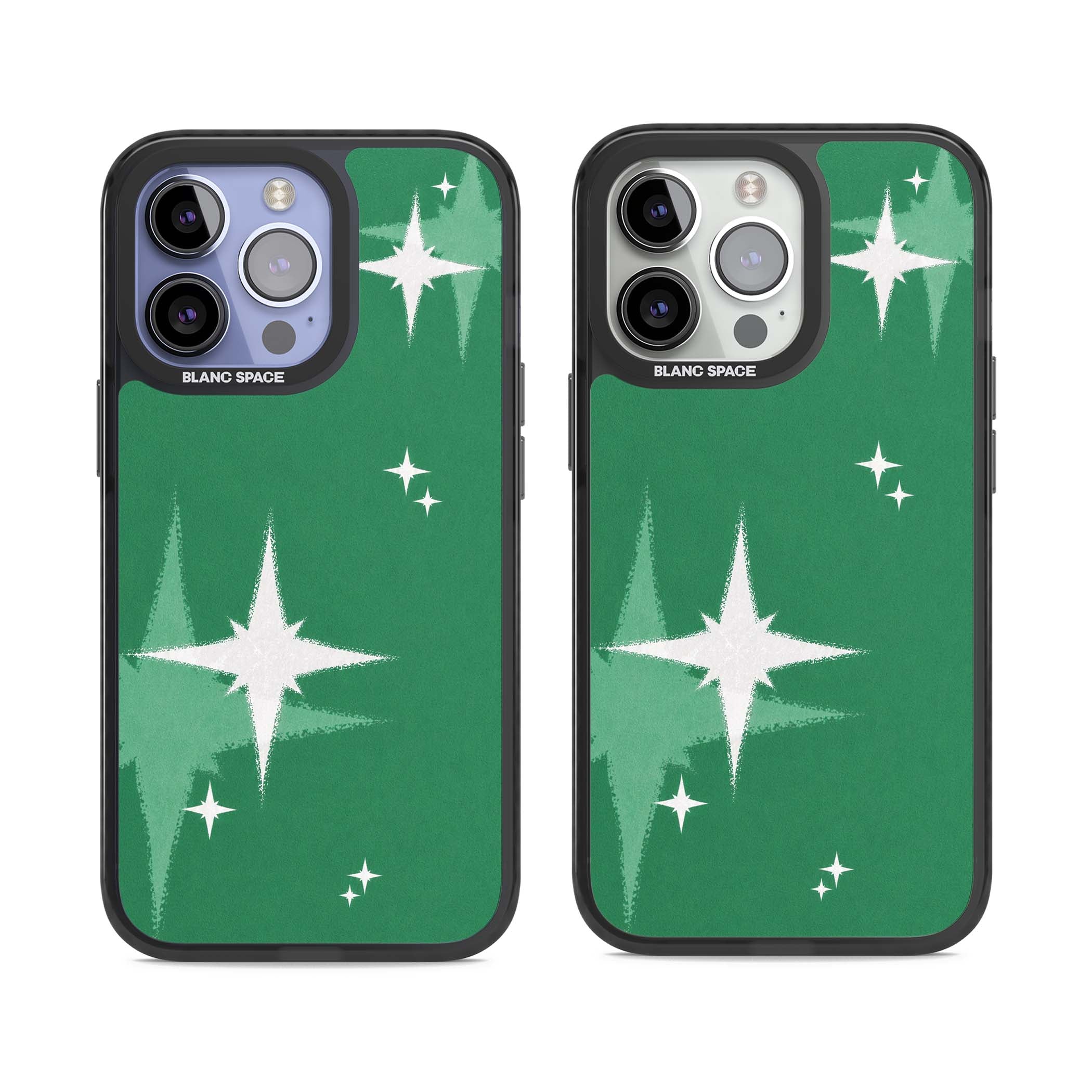 Green Sparkle celestial iPhone case featuring sparkling white four-point stars on a deep green background | Black Impact case for iPhone 13 Pro, iPhone 14 Pro, iPhone 15 Pro