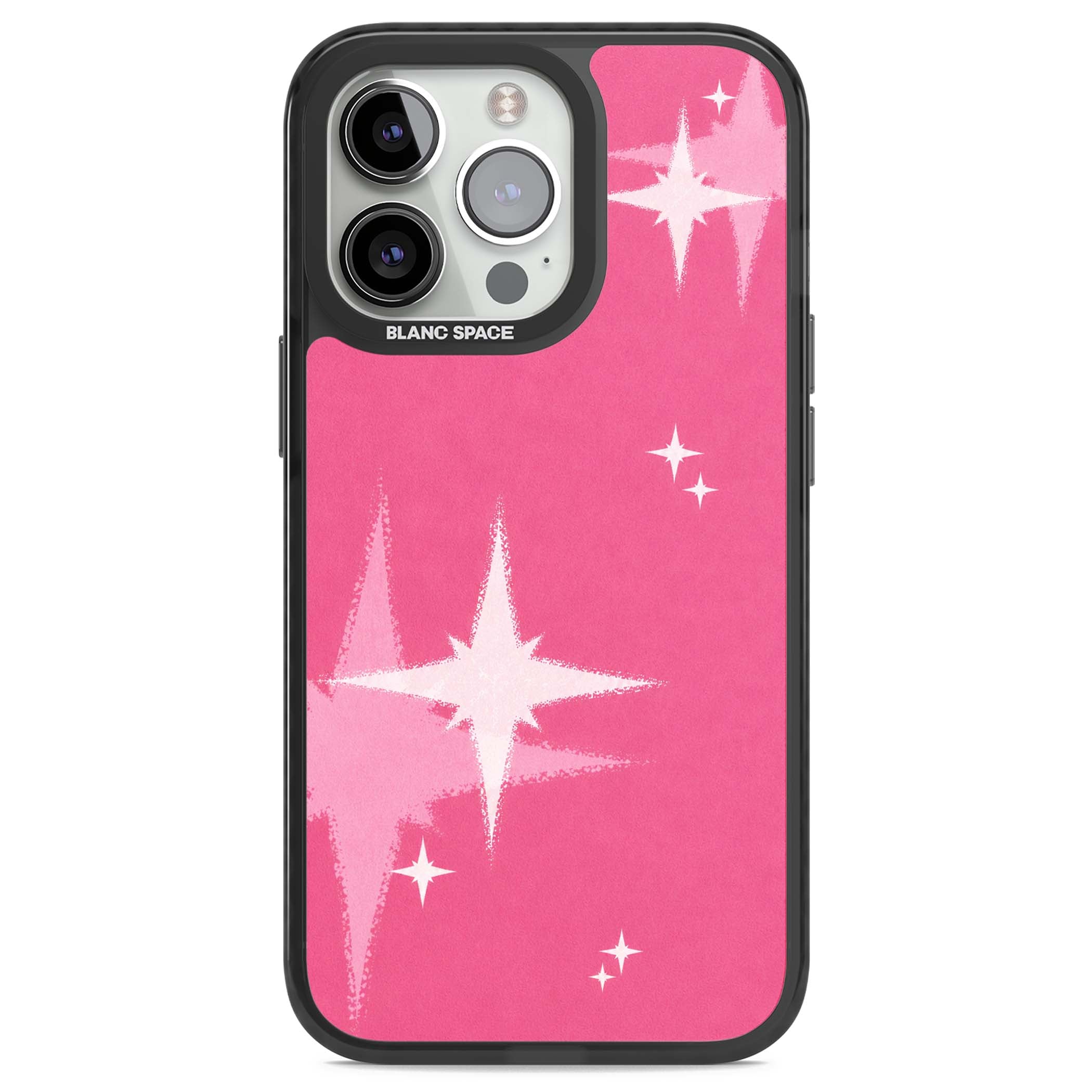 Pink Sparkle Y2K iPhone case featuring hot pink background with shimmering white starburst pattern | Black Impact case for iPhone 13 Pro, iPhone 14 Pro, iPhone 15 Pro