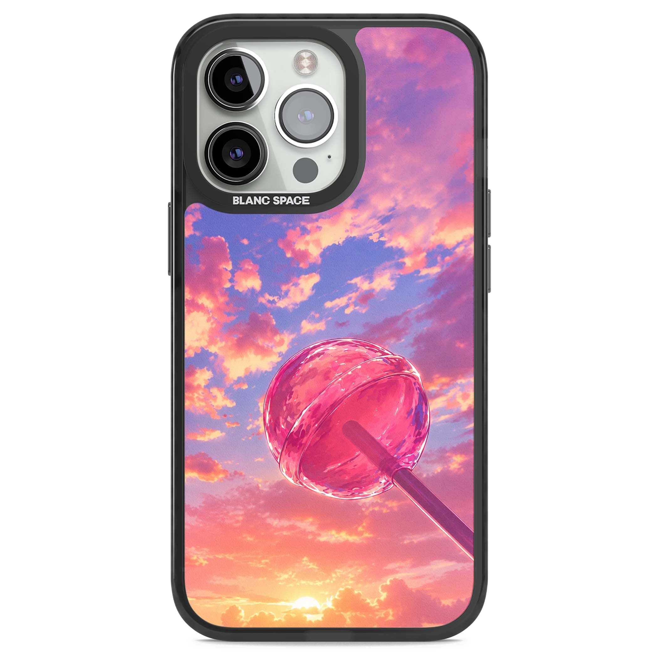 Sugar Sunset candy aesthetic iPhone case featuring a pink lollipop, pastel sunset sky and dreamy clouds | Black Impact case for iPhone 13 Pro, iPhone 14 Pro, iPhone 15 Pro