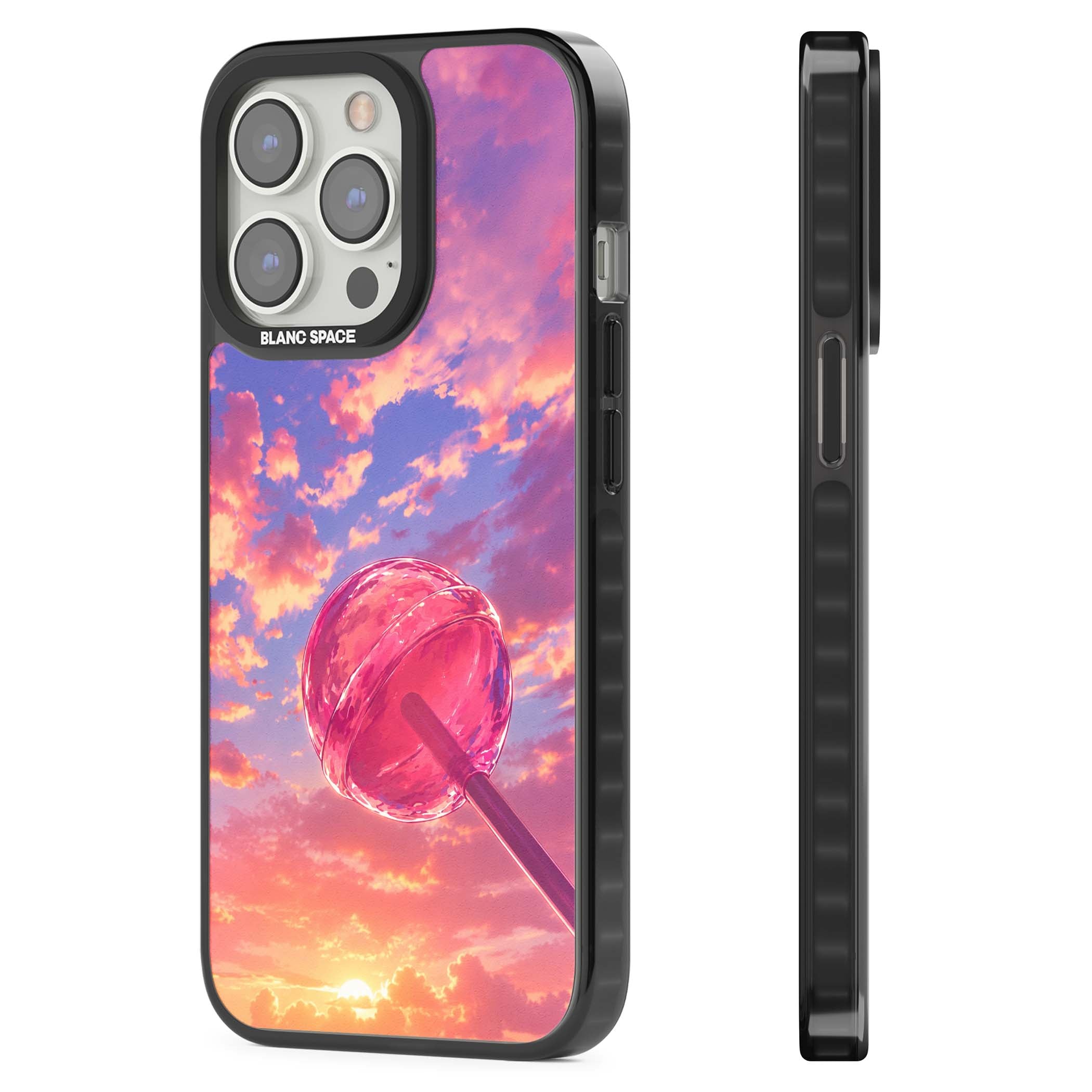 Sugar Sunset candy aesthetic iPhone case featuring a pink lollipop, pastel sunset sky and dreamy clouds | Black Impact case for iPhone 13 Pro, iPhone 14 Pro, iPhone 15 Pro