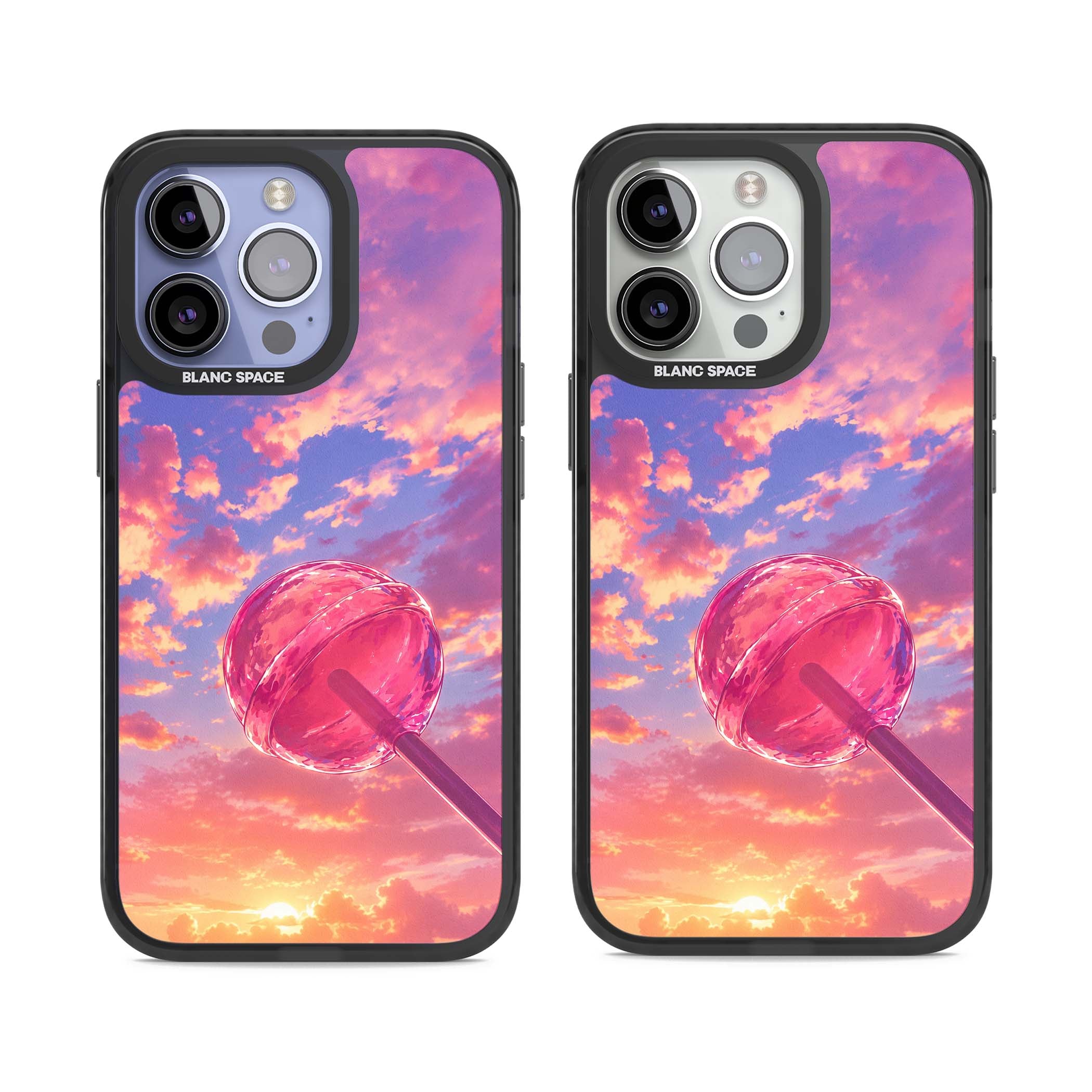 Sugar Sunset candy aesthetic iPhone case featuring a pink lollipop, pastel sunset sky and dreamy clouds | Black Impact case for iPhone 13 Pro, iPhone 14 Pro, iPhone 15 Pro