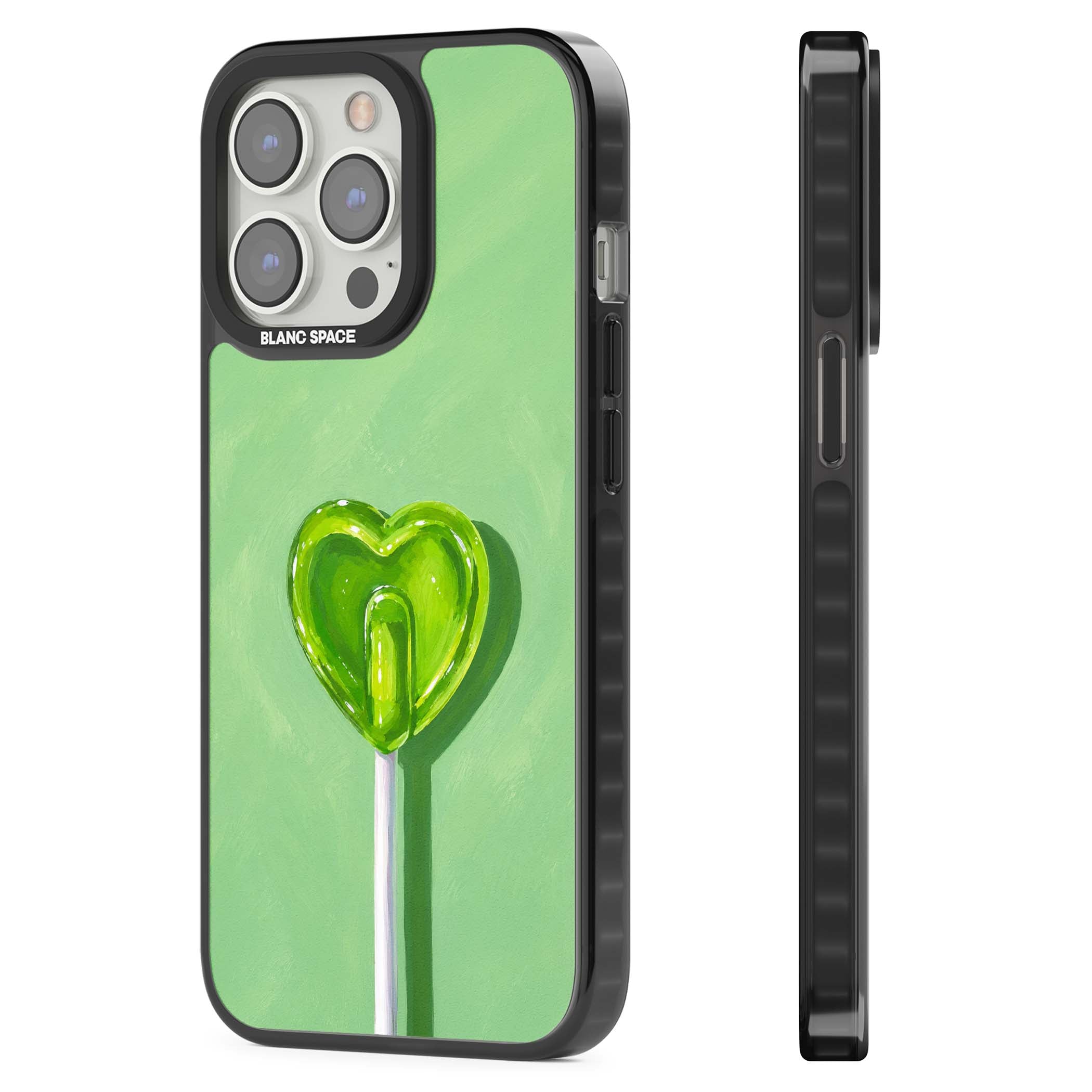 Green Lollipop candy art iPhone case featuring a glossy green heart-shaped lollipop on a painted pastel green background | Black Impact case for iPhone 13 Pro, iPhone 14 Pro, iPhone 15 Pro