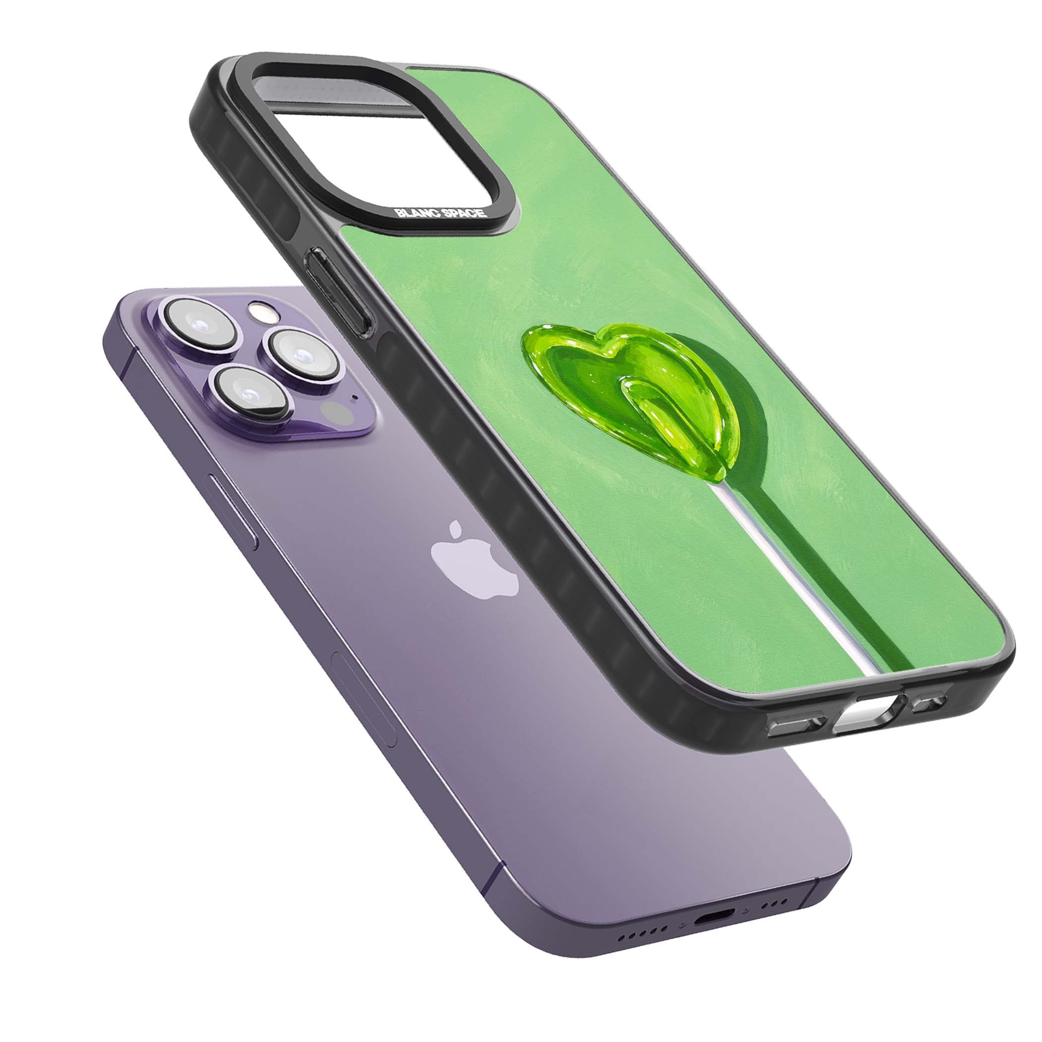 Green Lollipop candy art iPhone case featuring a glossy green heart-shaped lollipop on a painted pastel green background | Black Impact case for iPhone 13 Pro, iPhone 14 Pro, iPhone 15 Pro