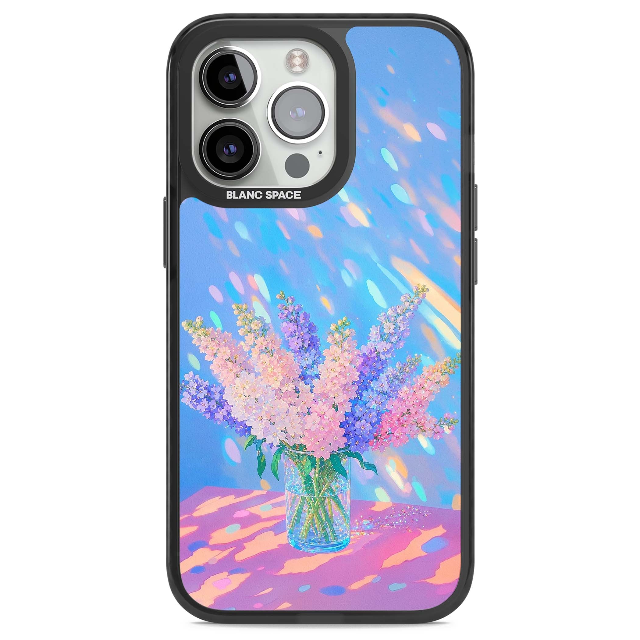 Bubblegum Flowers floral iPhone case featuring pastel lilac and pink bouquet in a glass vase with iridescent light | Black Impact case for iPhone 13 Pro, iPhone 14 Pro, iPhone 15 Pro