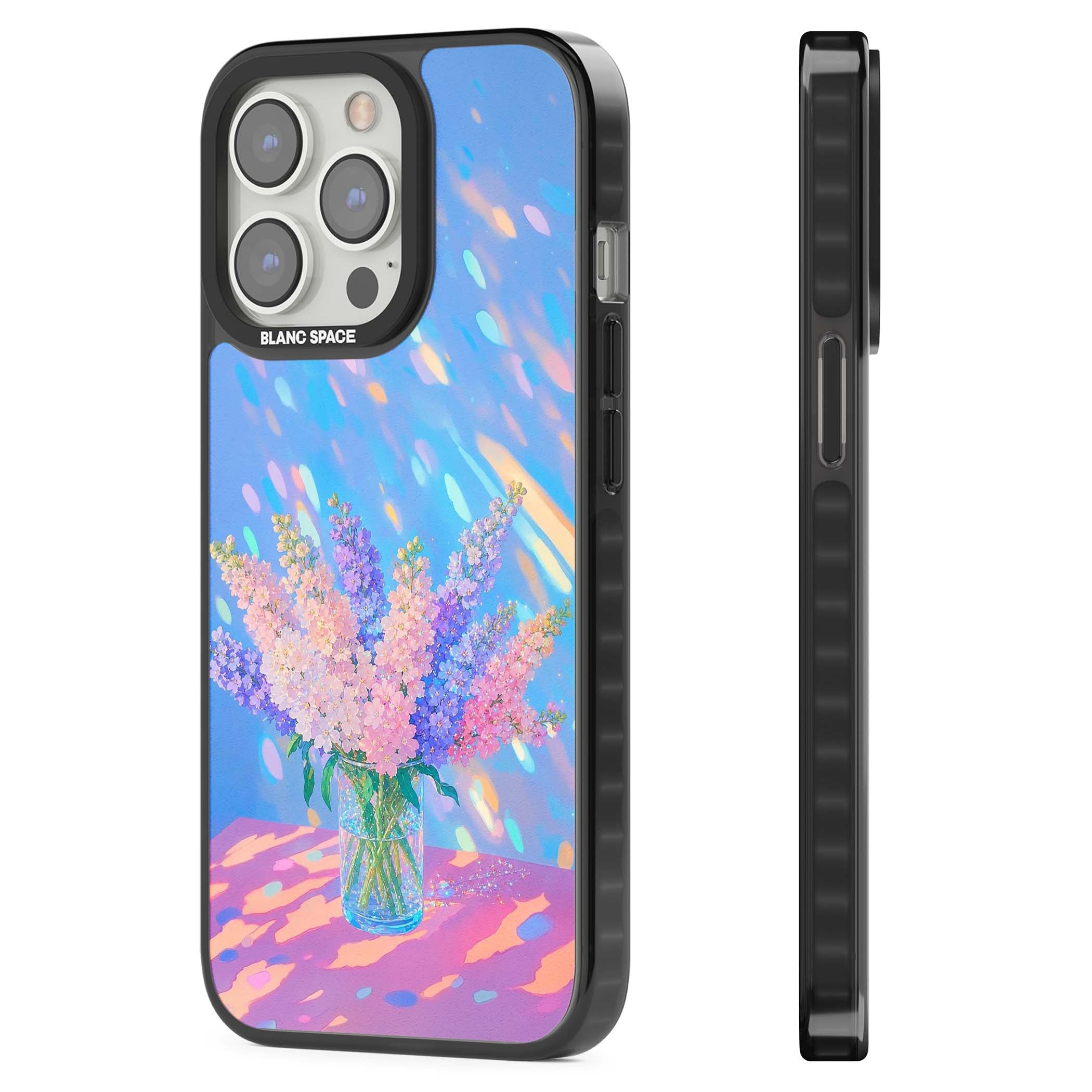 Bubblegum Flowers floral iPhone case featuring pastel lilac and pink bouquet in a glass vase with iridescent light | Black Impact case for iPhone 13 Pro, iPhone 14 Pro, iPhone 15 Pro