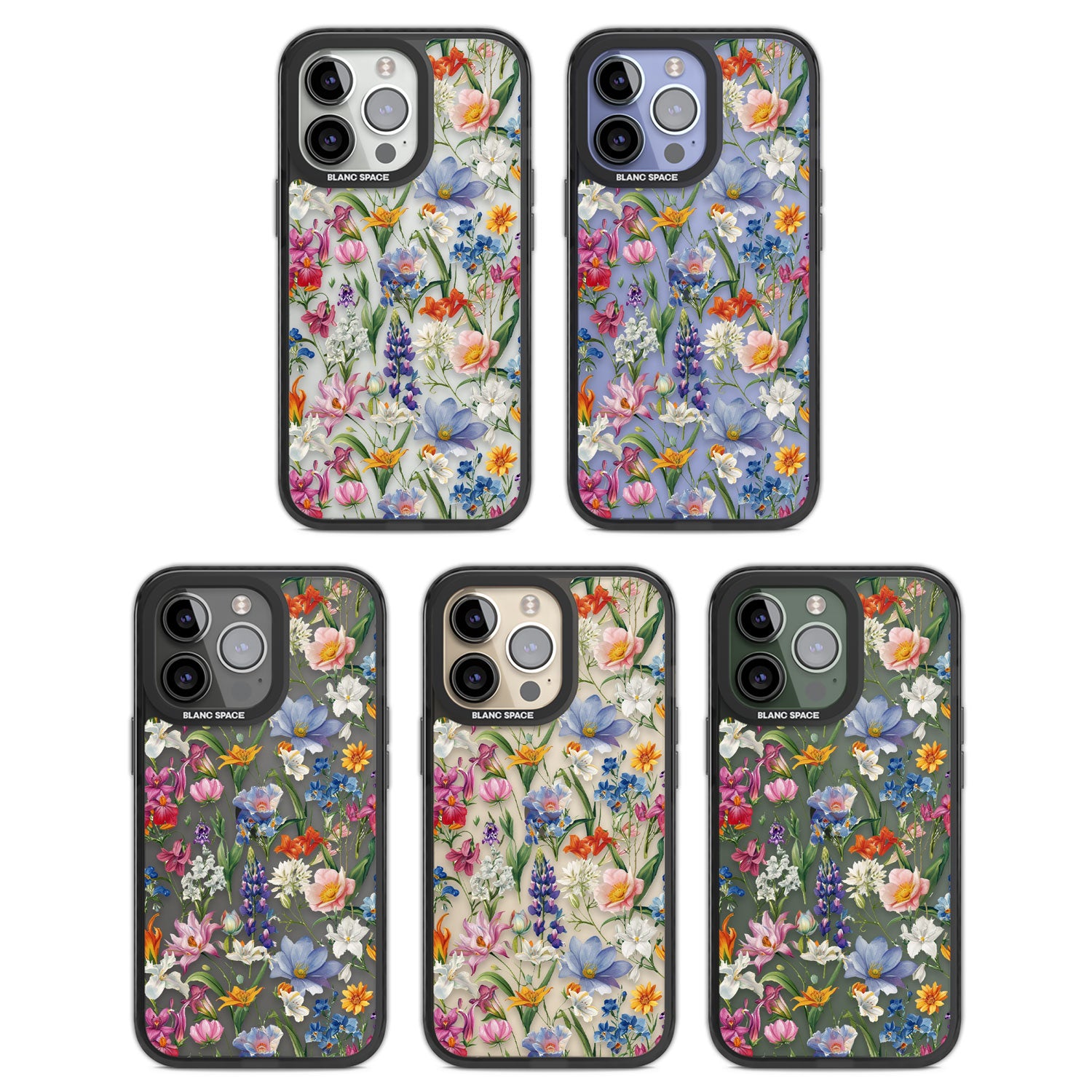 Vintage Wildflowers Black Impact Phone Case for iPhone 13 Pro, iPhone 14 Pro, iPhone 15 Pro