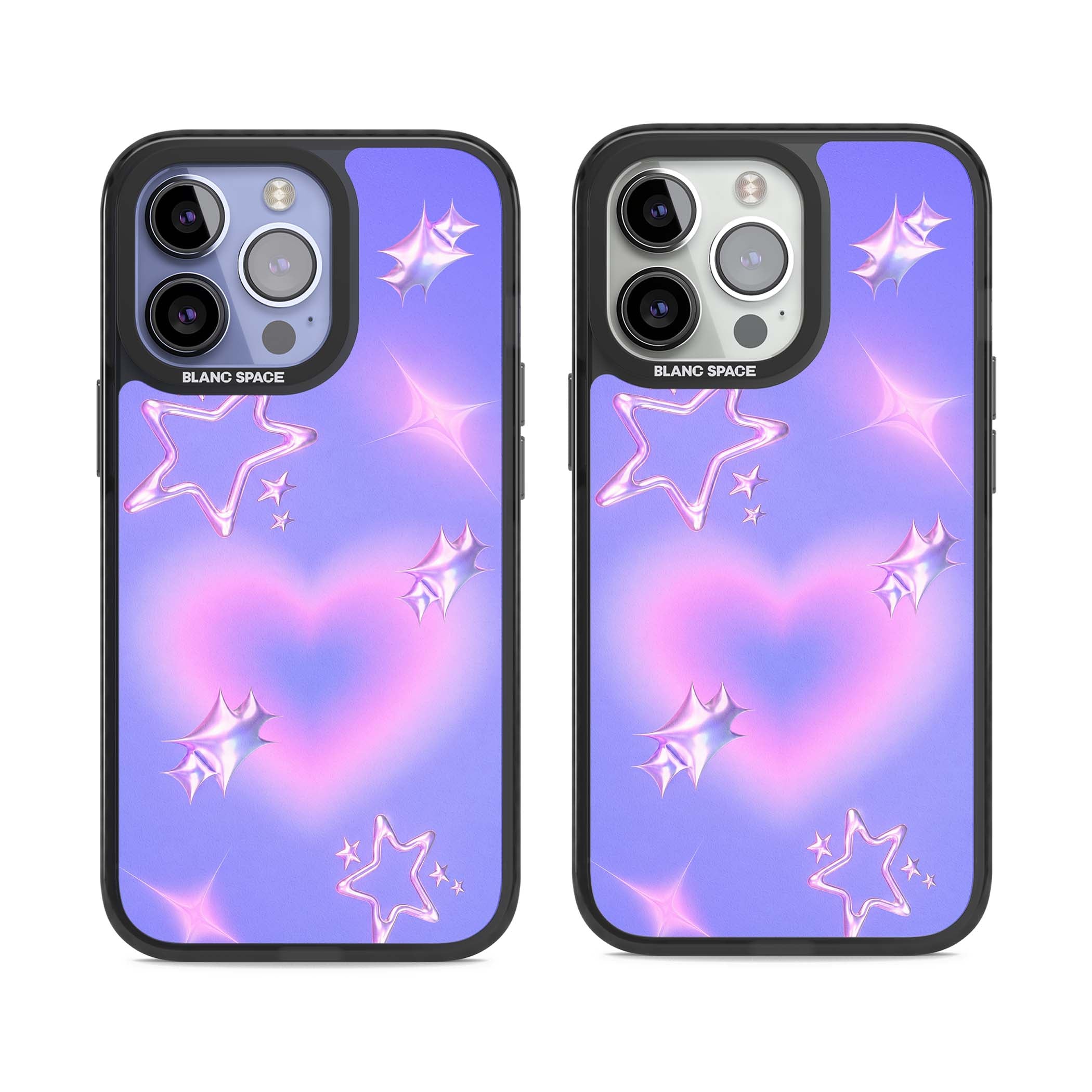 Soft Sugar Y2K iPhone case featuring iridescent chrome hearts, metallic pink stars and a lavender gradient sky | Black Impact case for iPhone 13 Pro, iPhone 14 Pro, iPhone 15 Pro