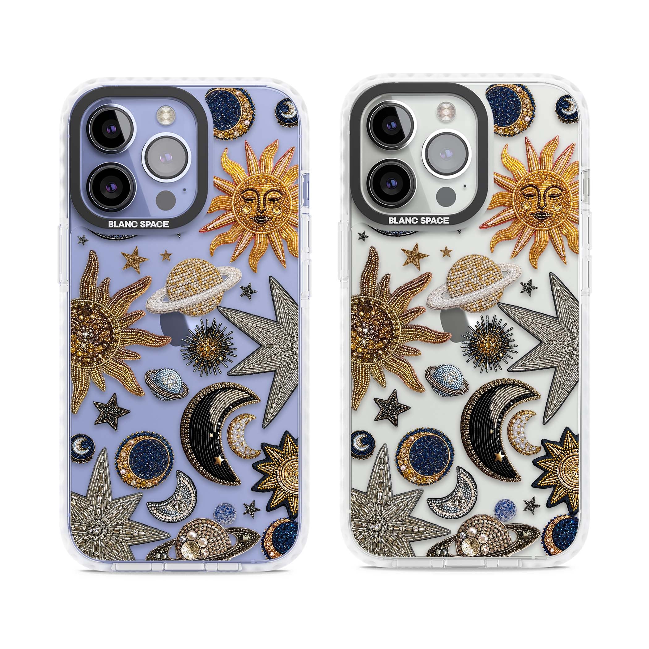 Beaded Cosmos celestial iPhone case featuring embroidered golden suns, beaded planets and silver shooting stars | Clear Impact case for iPhone 13 Pro, iPhone 14 Pro, iPhone 15 Pro