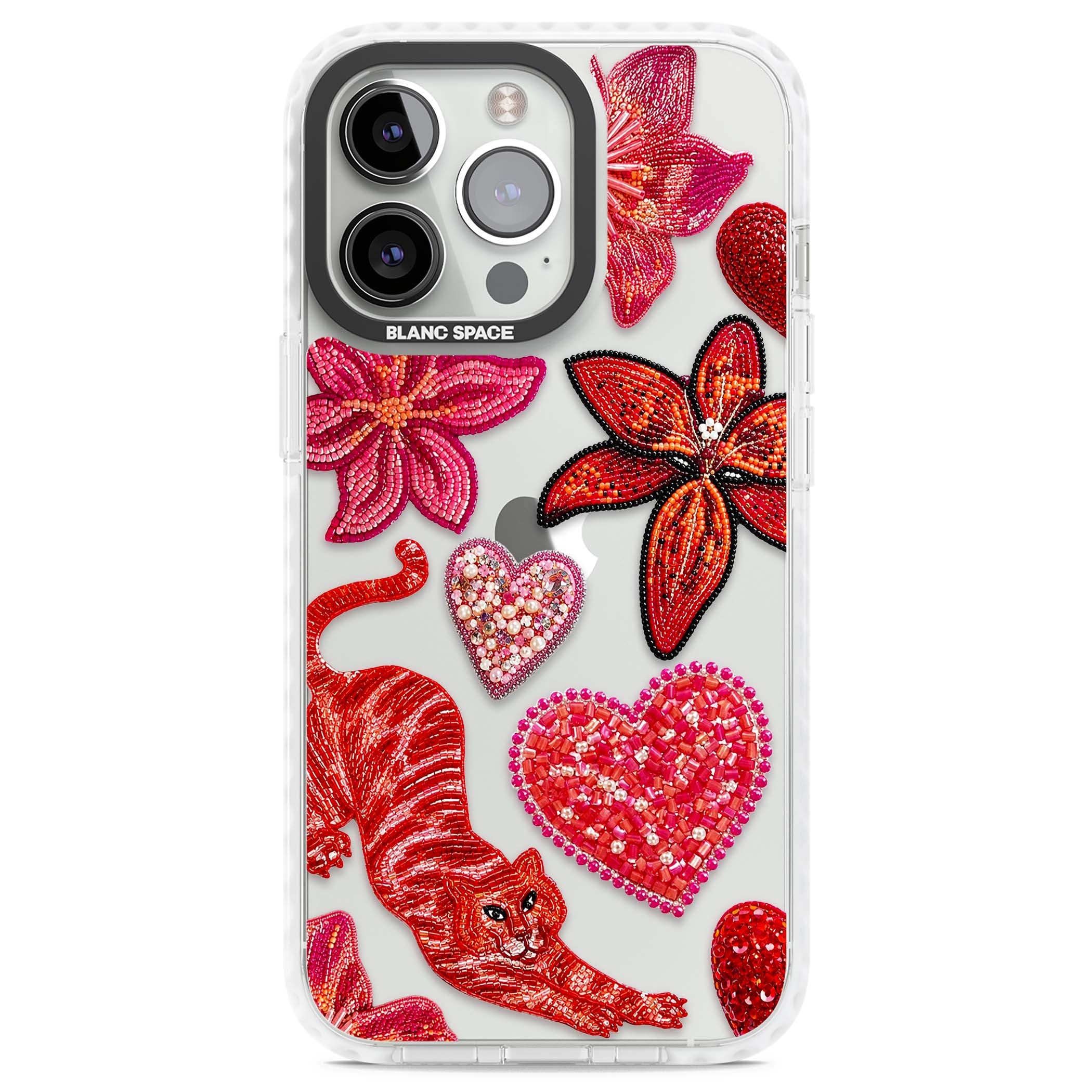 Beaded Boho floral iPhone case featuring beaded red lilies, a stitched tiger, and pearl-encrusted hearts on clear | Clear Impact case for iPhone 13 Pro, iPhone 14 Pro, iPhone 15 Pro