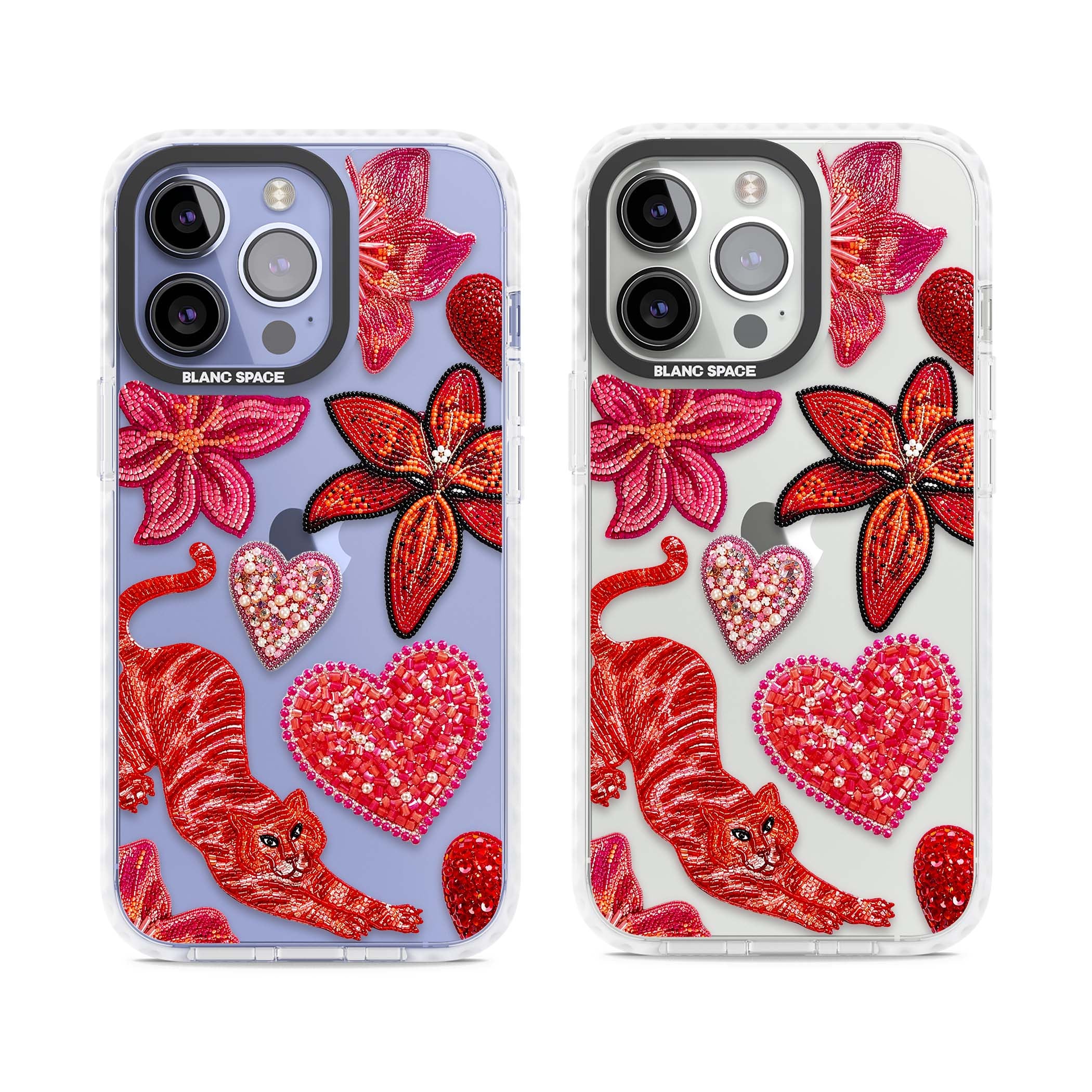 Beaded Boho floral iPhone case featuring beaded red lilies, a stitched tiger, and pearl-encrusted hearts on clear | Clear Impact case for iPhone 13 Pro, iPhone 14 Pro, iPhone 15 Pro