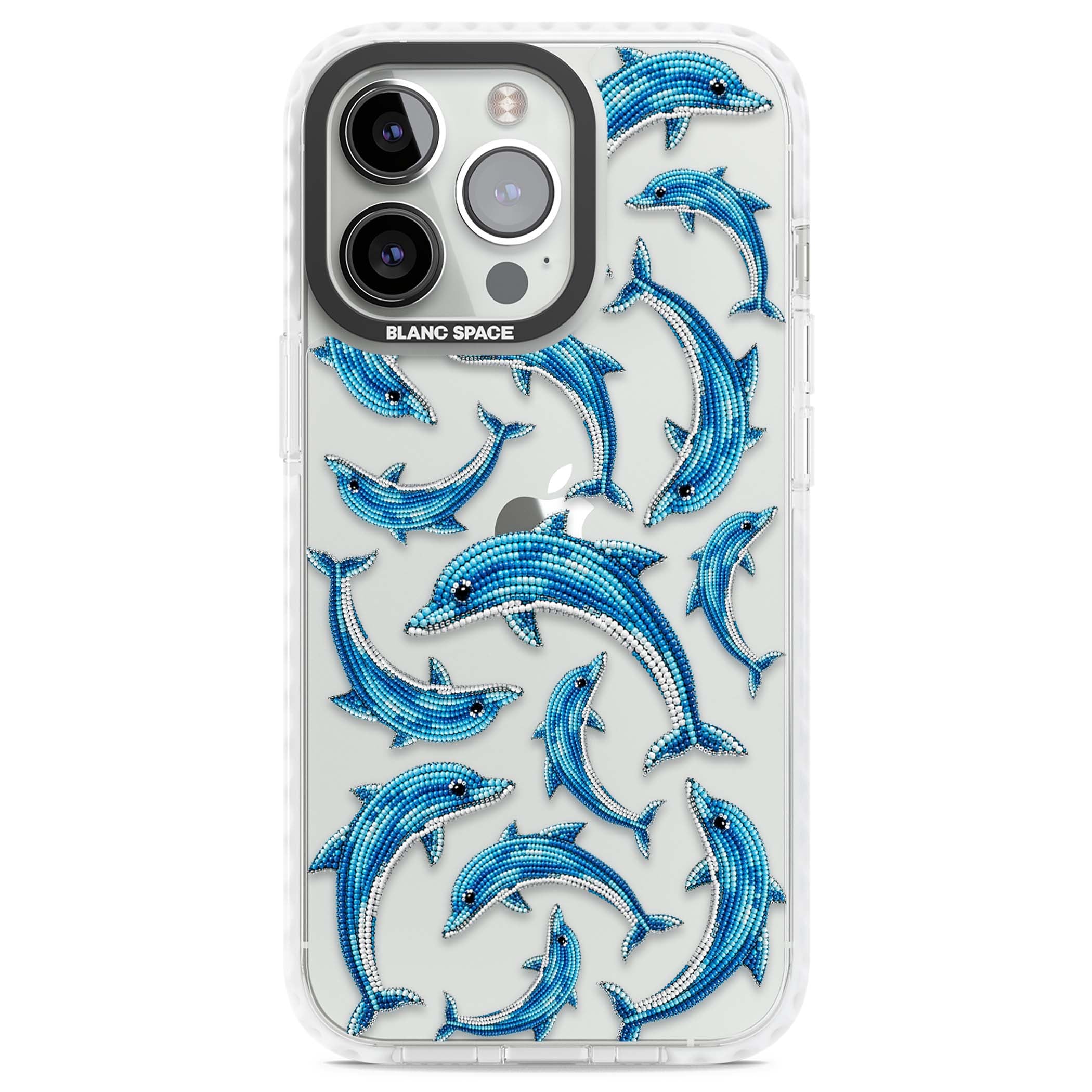 Beaded Dolphins coastal iPhone case featuring beaded dolphins in blue and white swimming across a clear background | Clear Impact case for iPhone 13 Pro, iPhone 14 Pro, iPhone 15 Pro