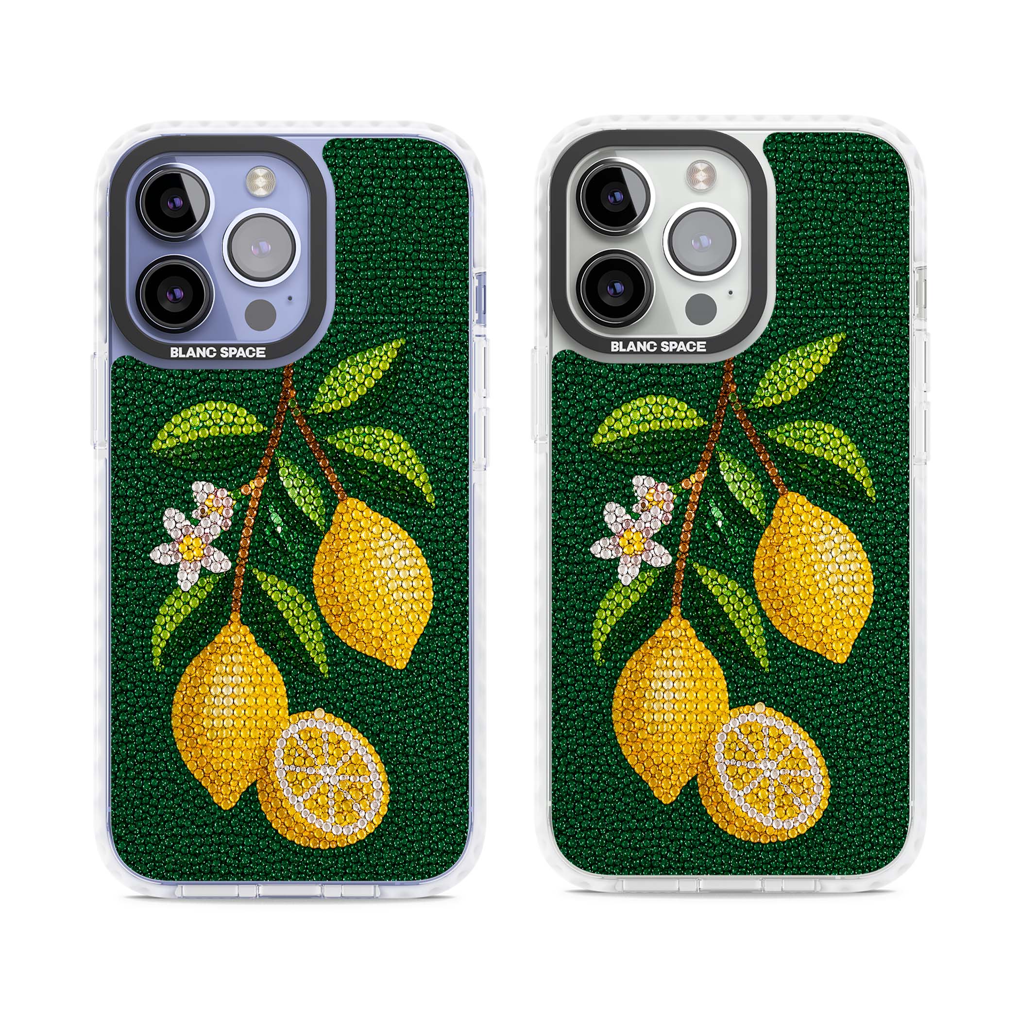 Beaded Lemons coastal iPhone case featuring crystal-beaded lemons, citrus blossom and green leaves on emerald ground | Clear Impact case for iPhone 13 Pro, iPhone 14 Pro, iPhone 15 Pro