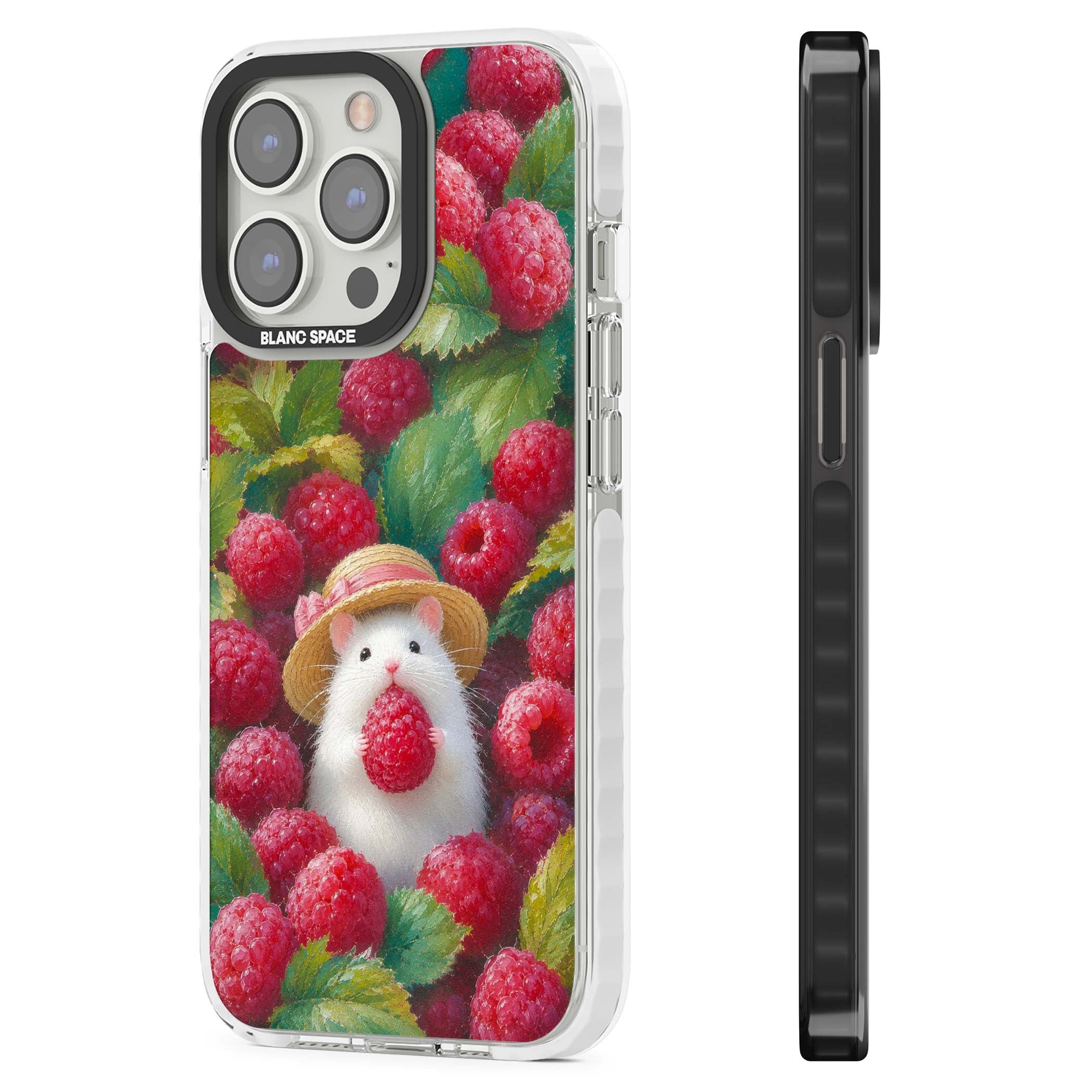 Berry Forager cottagecore iPhone case featuring a white hamster in a straw hat holding a raspberry surrounded by ripe ber | Clear Impact case for iPhone 13 Pro, iPhone 14 Pro, iPhone 15 Pro
