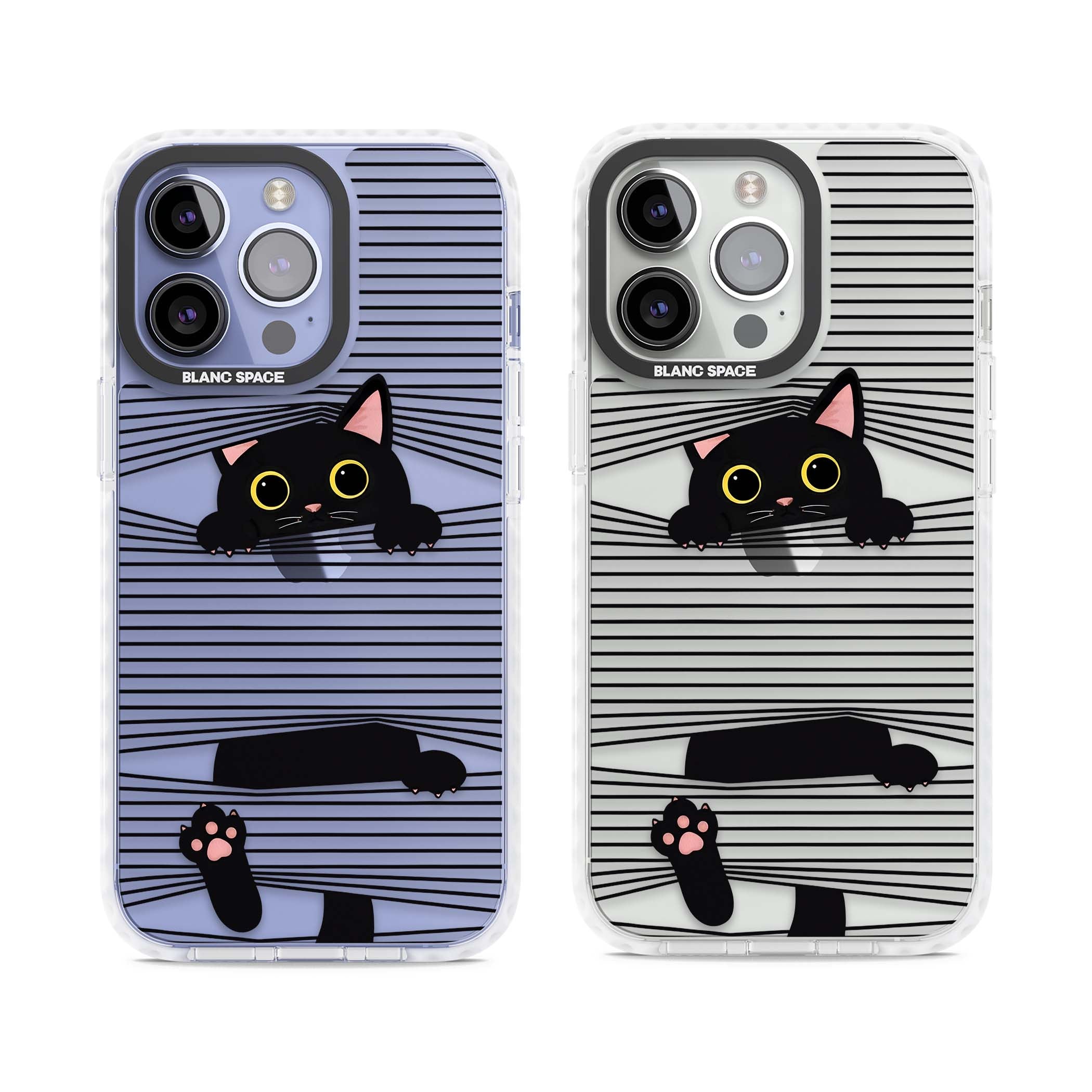 Peek-a-Boo Cat minimal iPhone case featuring black cat peeking through horizontal black and white stripes | Clear Impact case for iPhone 13 Pro, iPhone 14 Pro, iPhone 15 Pro