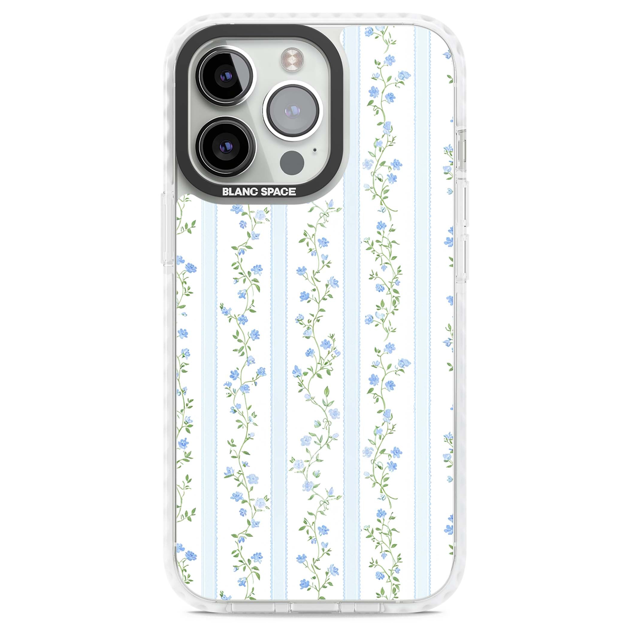 Bluebell Vine cottagecore iPhone case featuring climbing blue roses, trailing green vines, and pale ticking stripes | Clear Impact case for iPhone 13 Pro, iPhone 14 Pro, iPhone 15 Pro