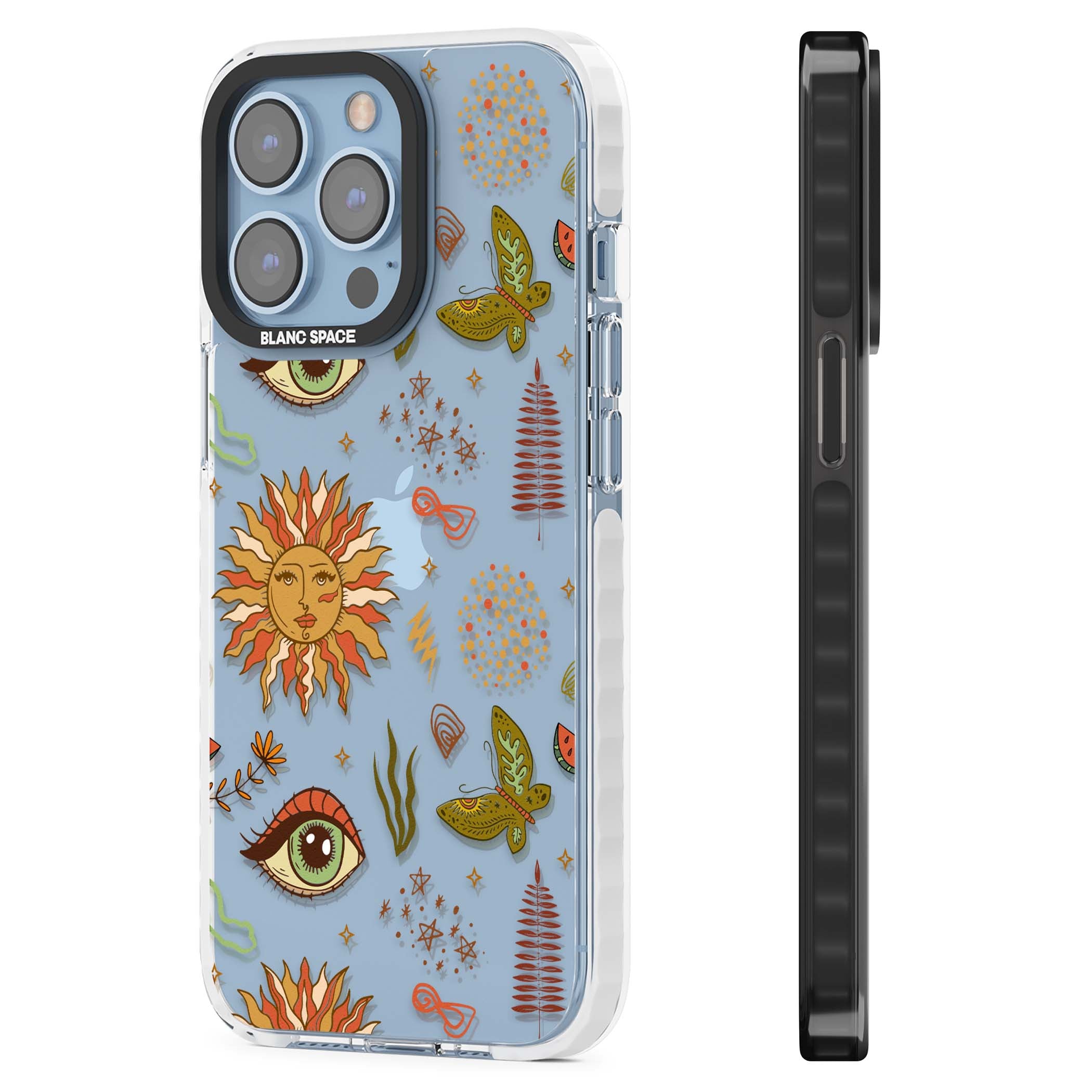 Elevate Your Phone'S Style With This Boho Celestial Sun & Eye Phone Case, Featuring A Mystical Blend Of Suns, All-Seeing Eyes, Butterflies, Stars, And