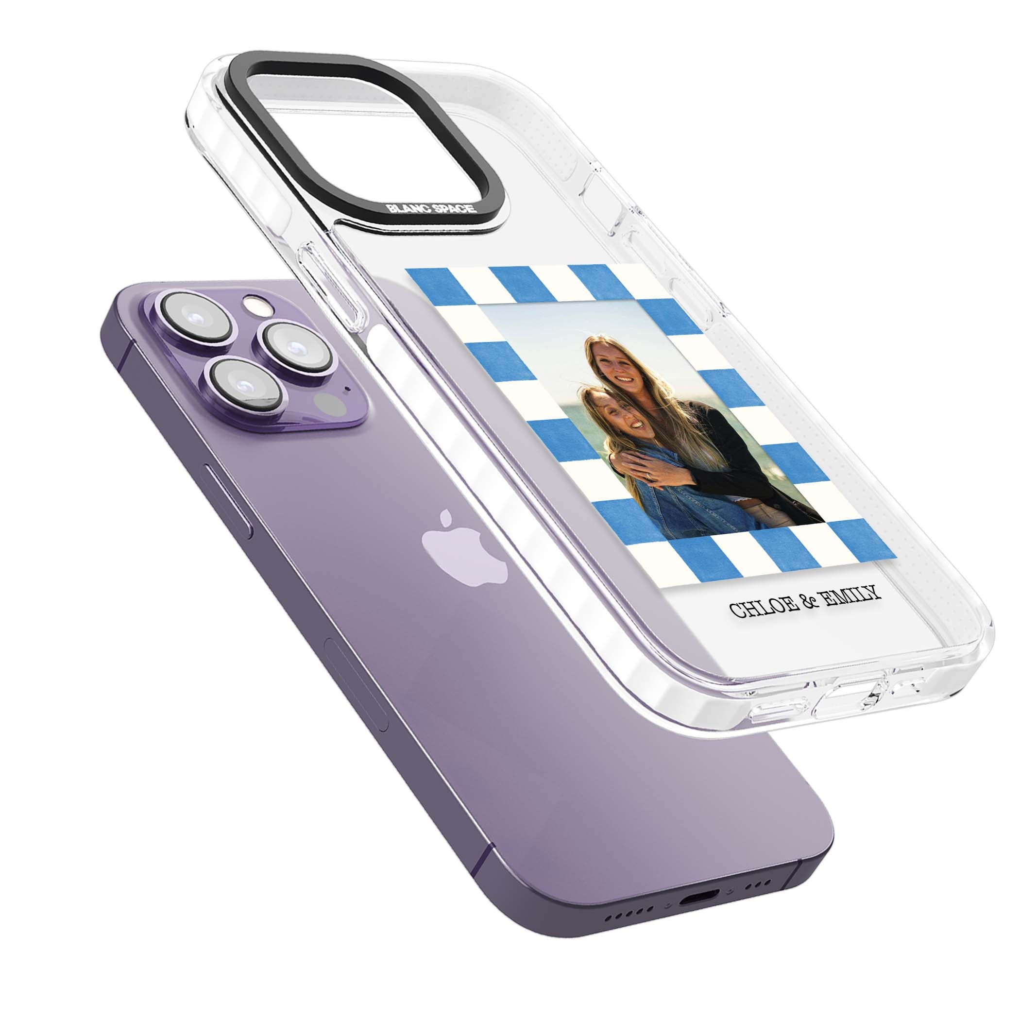Blue Check Photo personalised photo iPhone case with blue checkered frame and custom couple names | Clear Impact case for iPhone 13 Pro, iPhone 14 Pro, iPhone 15 Pro