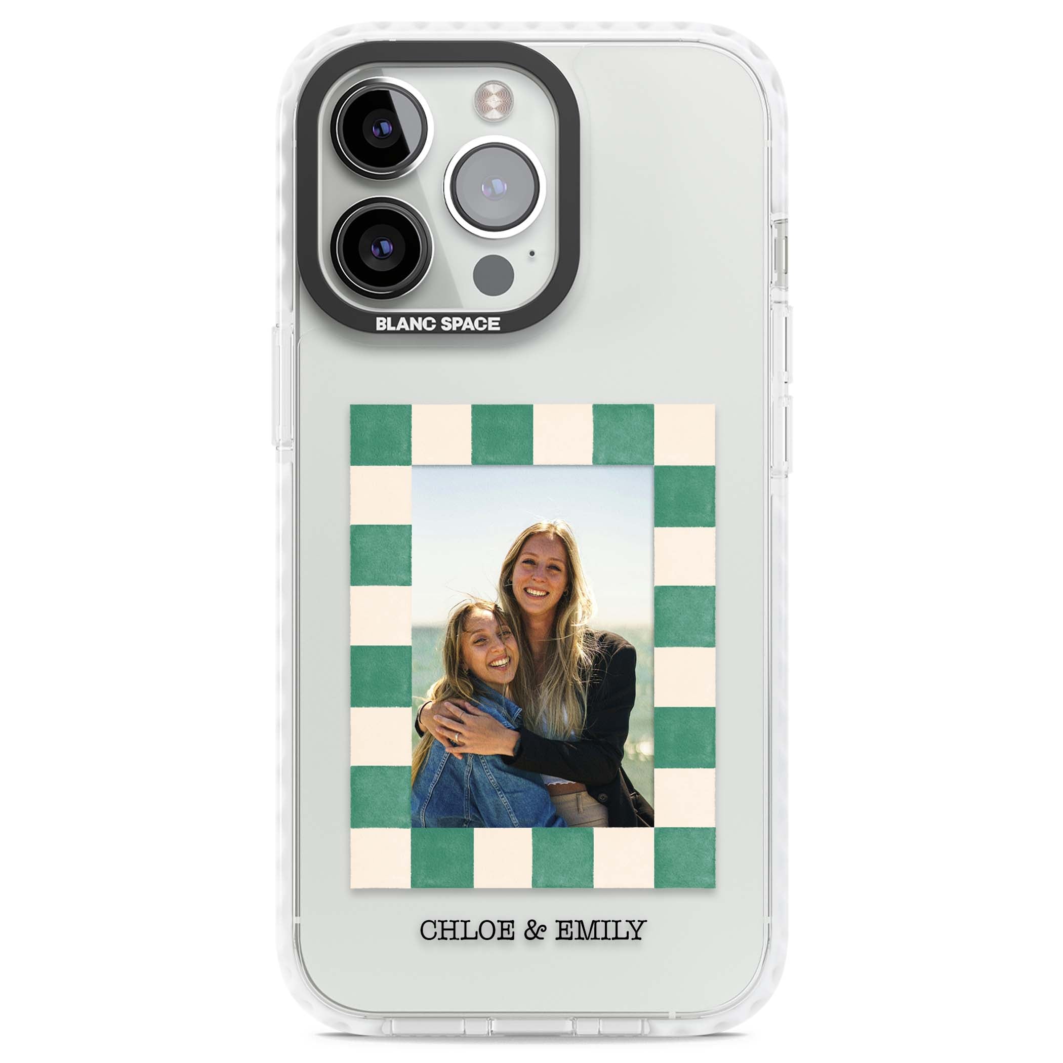 Seafoam Check Photo personalised iPhone case featuring a custom polaroid photo, green and cream checkered frame, and custom n | Clear Impact case for iPhone 13 Pro, iPhone 14 Pro, iPhone 15 Pro