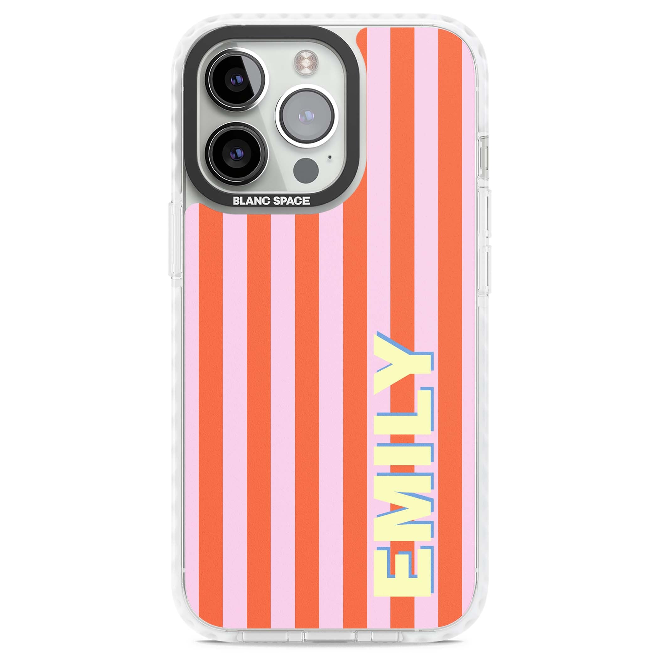 Havana Stripe personalised iPhone case featuring pink and orange vertical stripes with a custom yellow name | Clear Impact case for iPhone 13 Pro, iPhone 14 Pro, iPhone 15 Pro