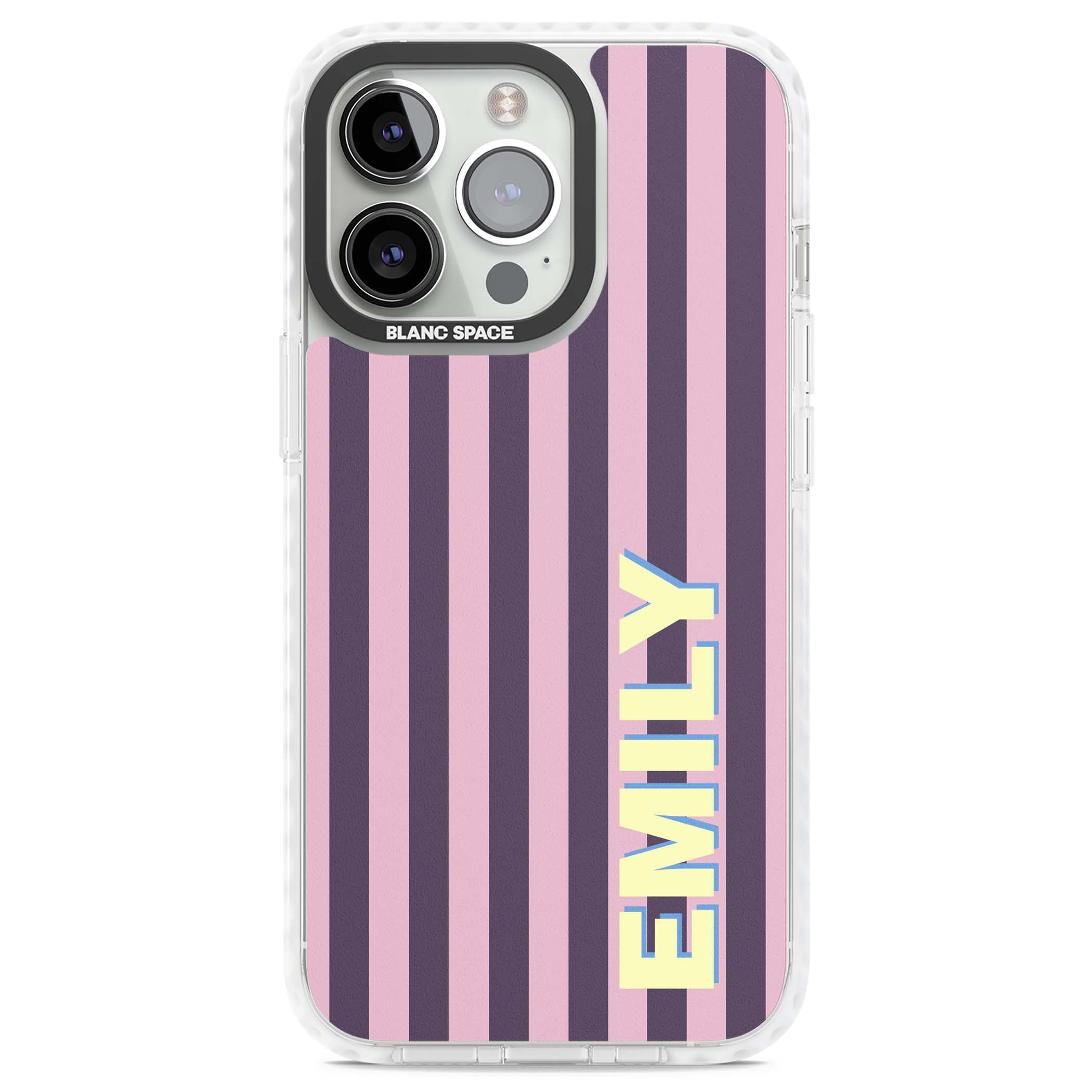 Tyre Stripe personalised stripe iPhone case with plum and pink vertical stripes and custom yellow name | Clear Impact case for iPhone 13 Pro, iPhone 14 Pro, iPhone 15 Pro