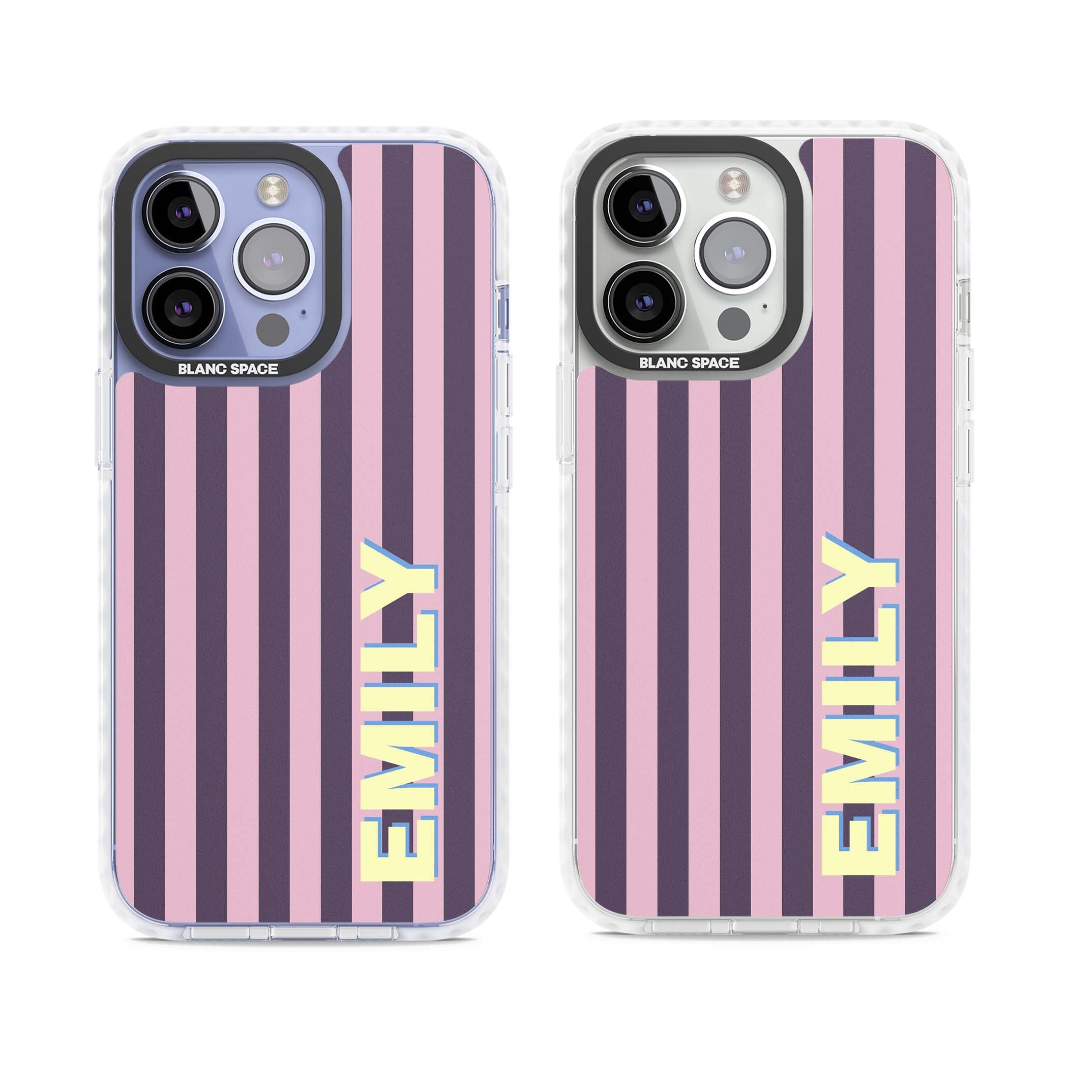 Tyre Stripe personalised stripe iPhone case with plum and pink vertical stripes and custom yellow name | Clear Impact case for iPhone 13 Pro, iPhone 14 Pro, iPhone 15 Pro