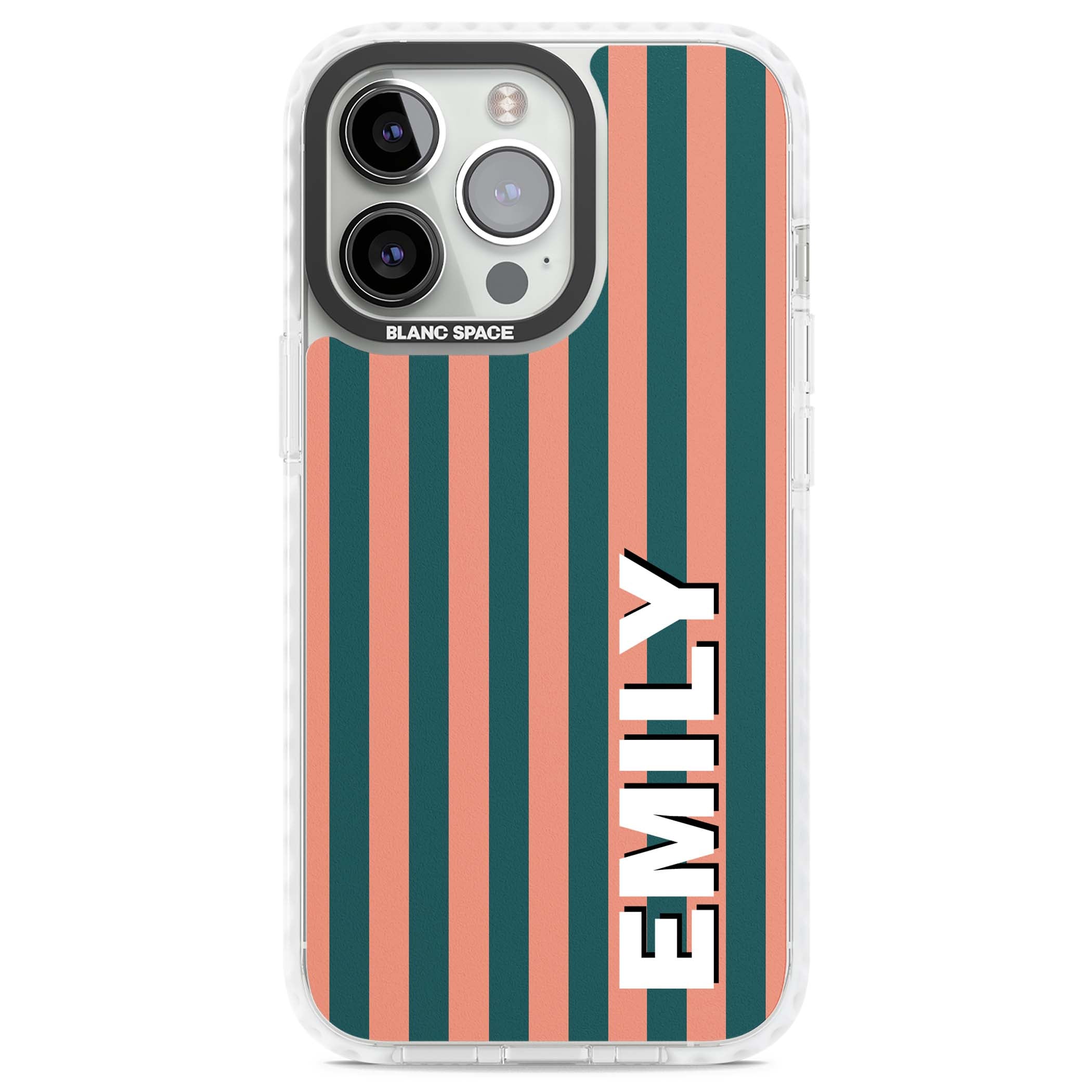 Tuscan Stripe personalised iPhone case featuring coral and green vertical stripes with bold custom name | Clear Impact case for iPhone 13 Pro, iPhone 14 Pro, iPhone 15 Pro