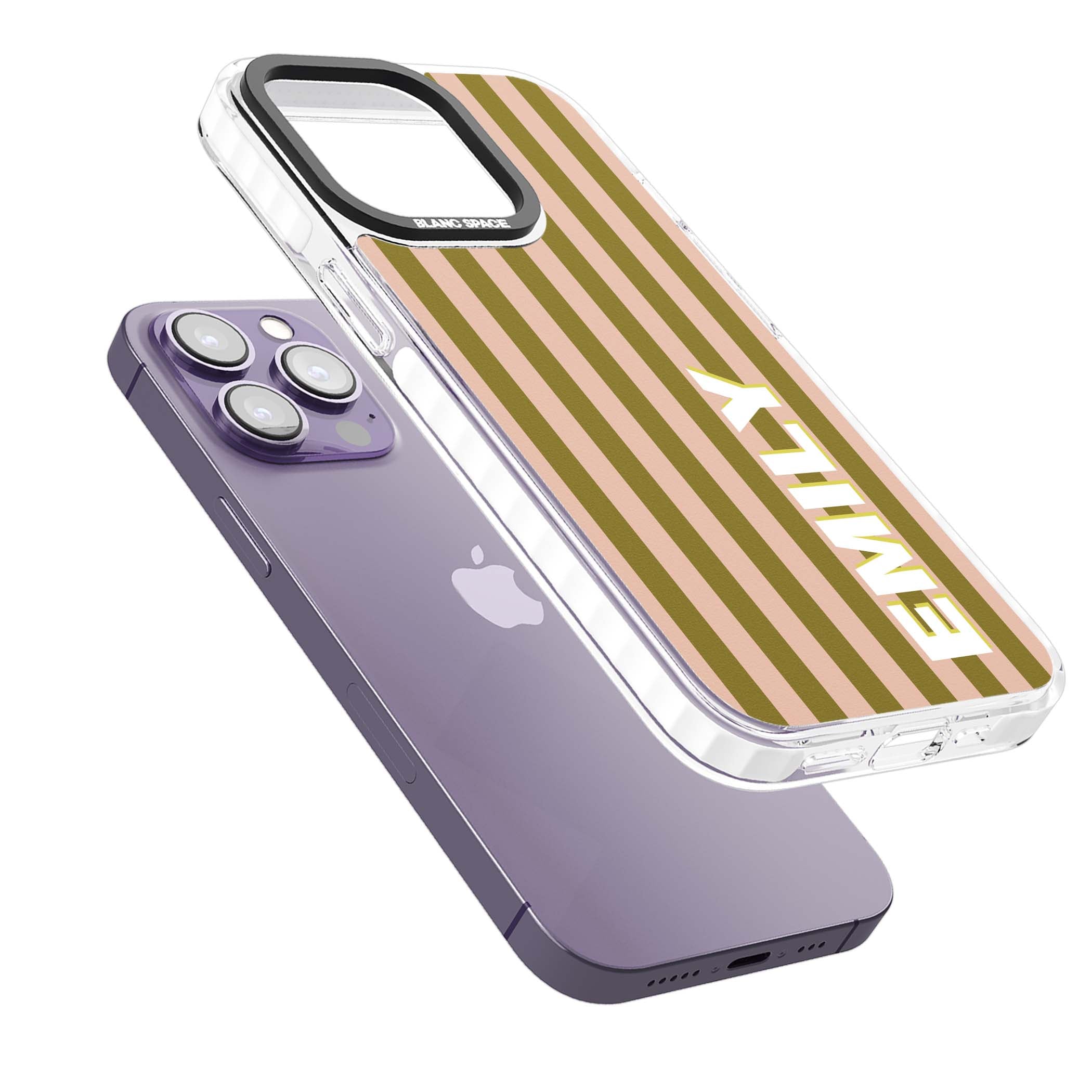 Indian Stripe personalised iPhone case featuring olive green and blush pink vertical stripes with custom name in whit | Clear Impact case for iPhone 13 Pro, iPhone 14 Pro, iPhone 15 Pro
