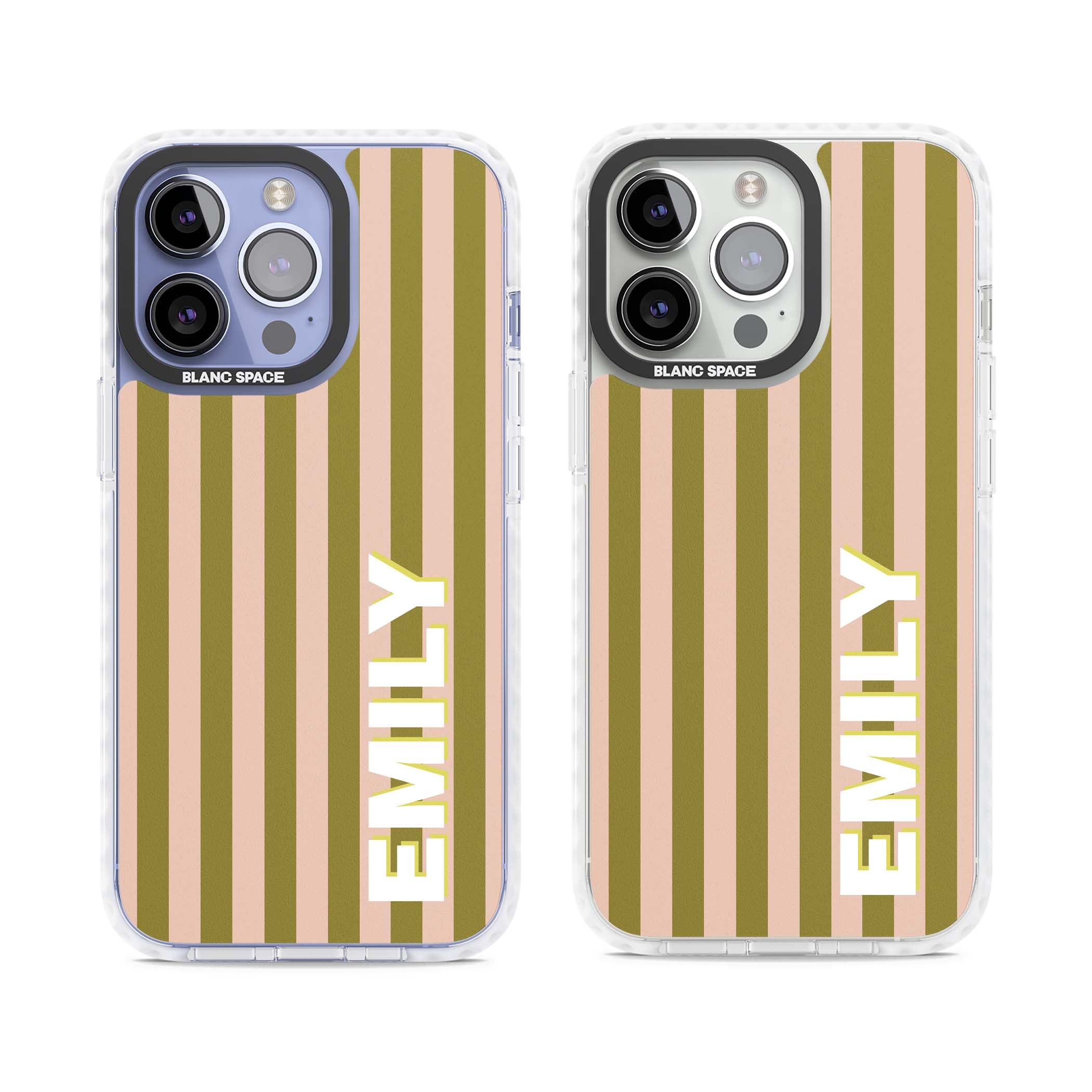 Indian Stripe personalised iPhone case featuring olive green and blush pink vertical stripes with custom name in whit | Clear Impact case for iPhone 13 Pro, iPhone 14 Pro, iPhone 15 Pro