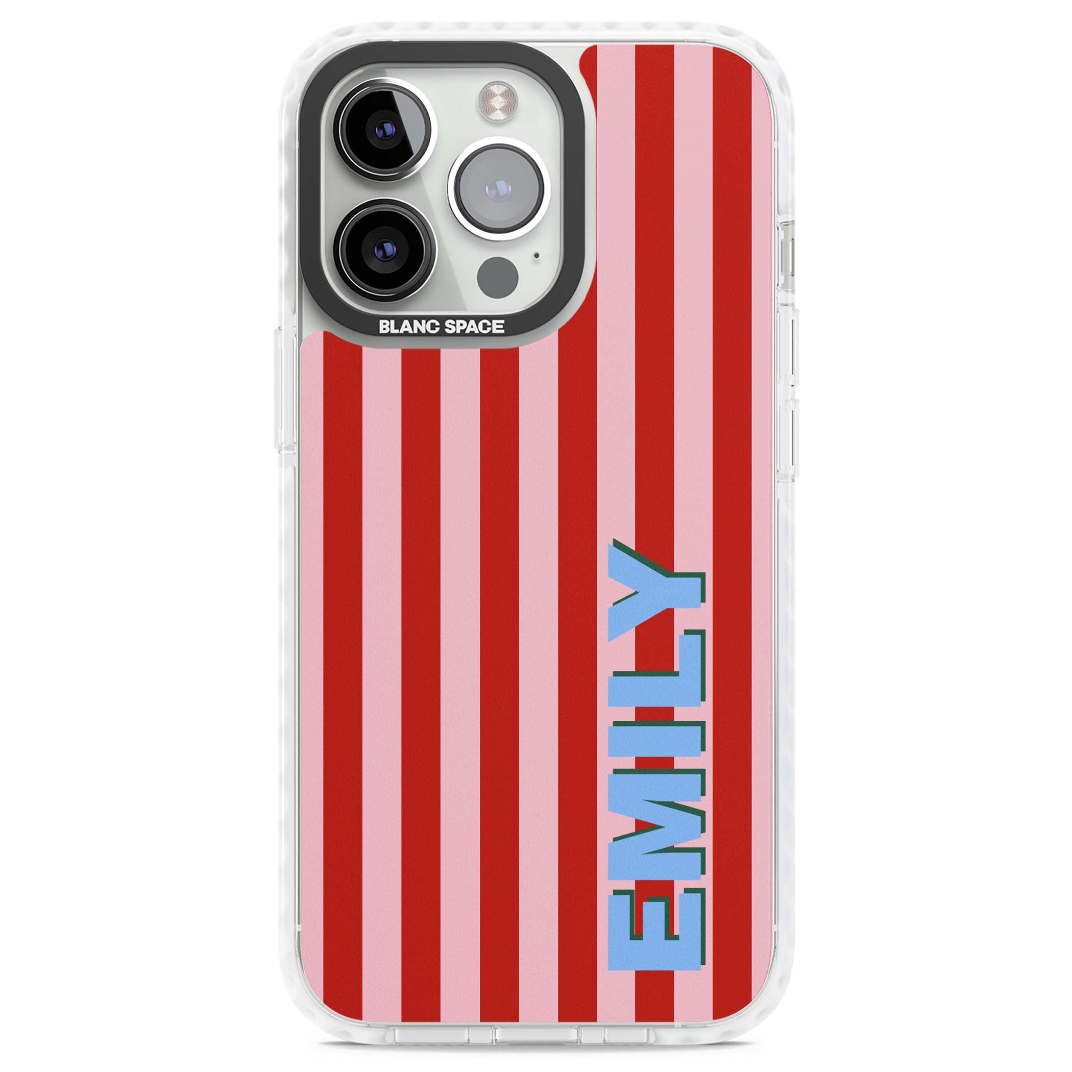 Market Stripe personalised iPhone case with red and pink vertical stripes and custom blue name | Clear Impact case for iPhone 13 Pro, iPhone 14 Pro, iPhone 15 Pro