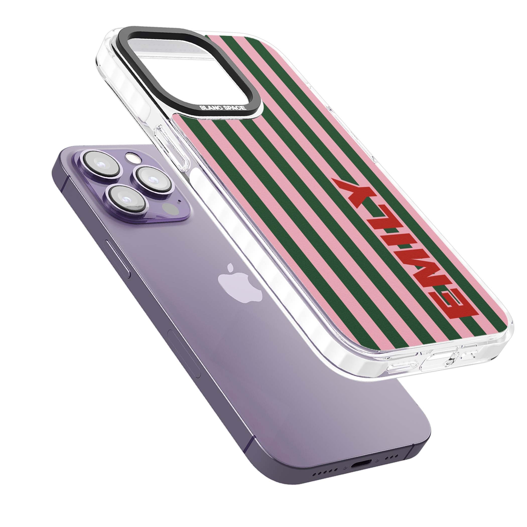 Italian Stripe preppy iPhone case featuring pink and green vertical stripes with personalised red name | Clear Impact case for iPhone 13 Pro, iPhone 14 Pro, iPhone 15 Pro