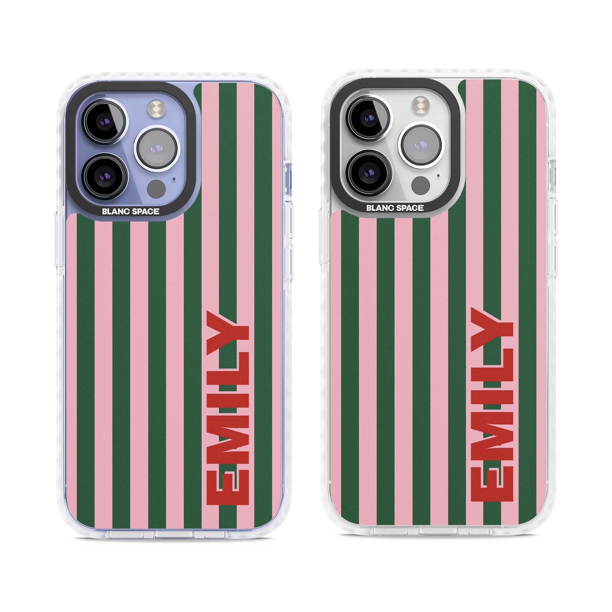 Italian Stripe preppy iPhone case featuring pink and green vertical stripes with personalised red name | Clear Impact case for iPhone 13 Pro, iPhone 14 Pro, iPhone 15 Pro