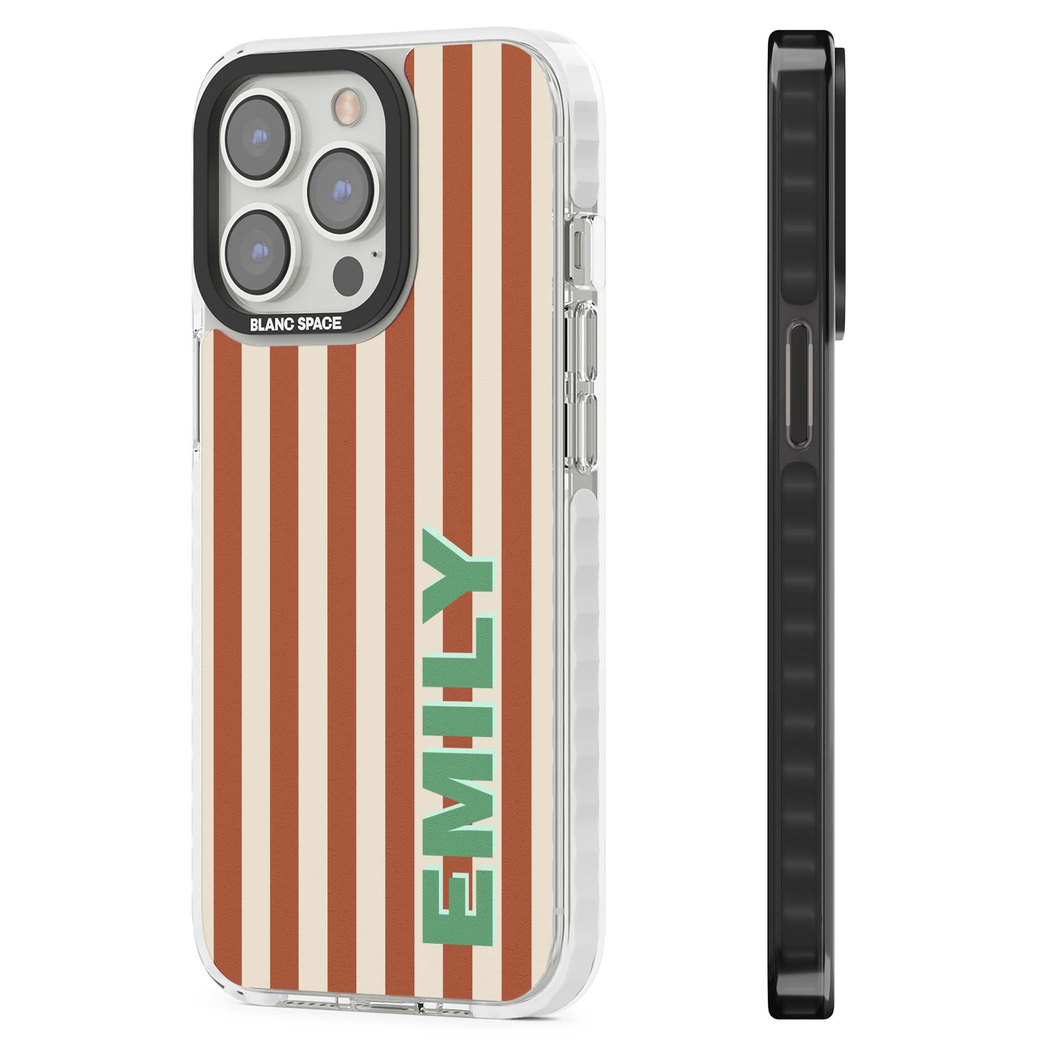Dune Stripe personalised iPhone case with rust and cream vertical stripes and custom name in mint green | Clear Impact case for iPhone 13 Pro, iPhone 14 Pro, iPhone 15 Pro