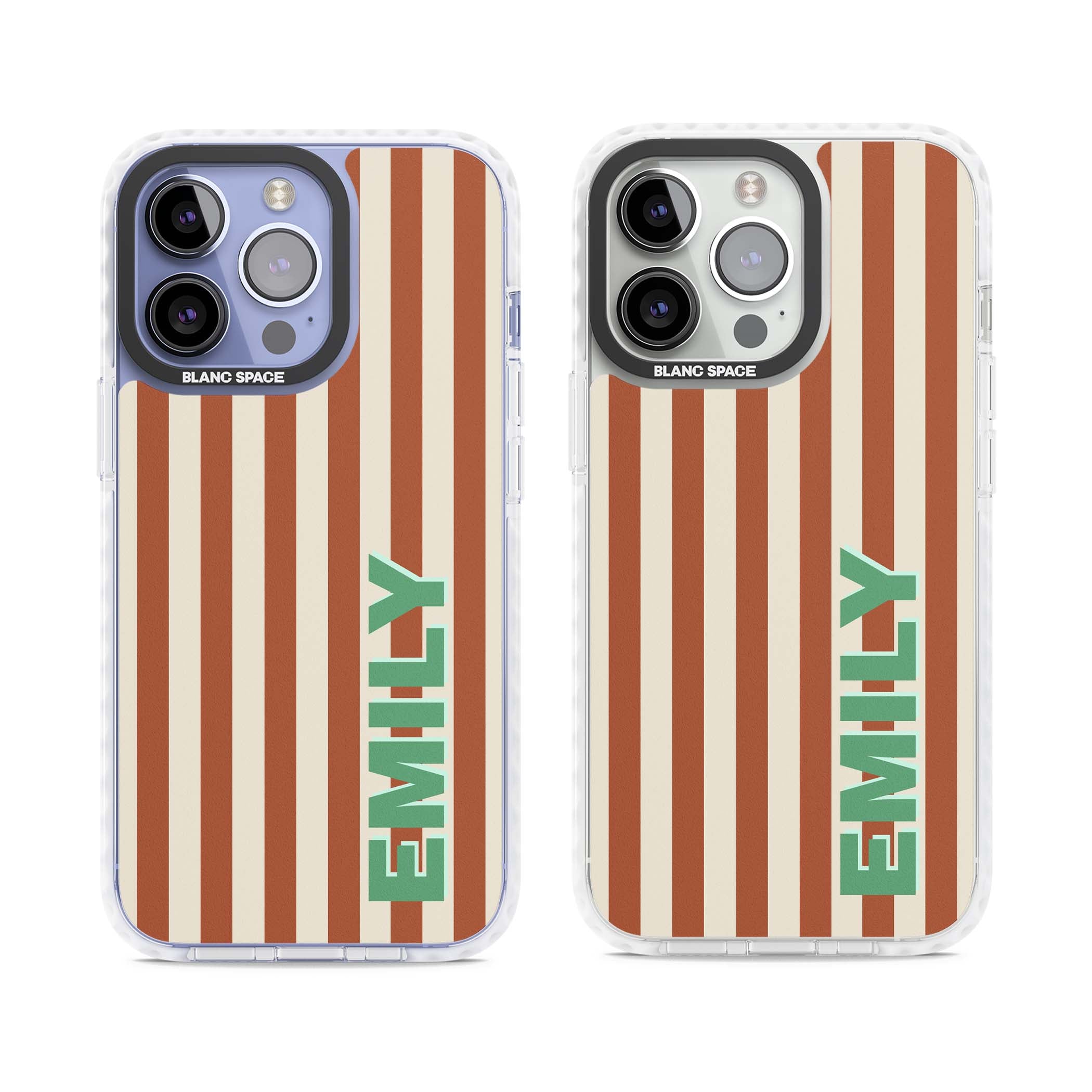 Dune Stripe personalised iPhone case with rust and cream vertical stripes and custom name in mint green | Clear Impact case for iPhone 13 Pro, iPhone 14 Pro, iPhone 15 Pro