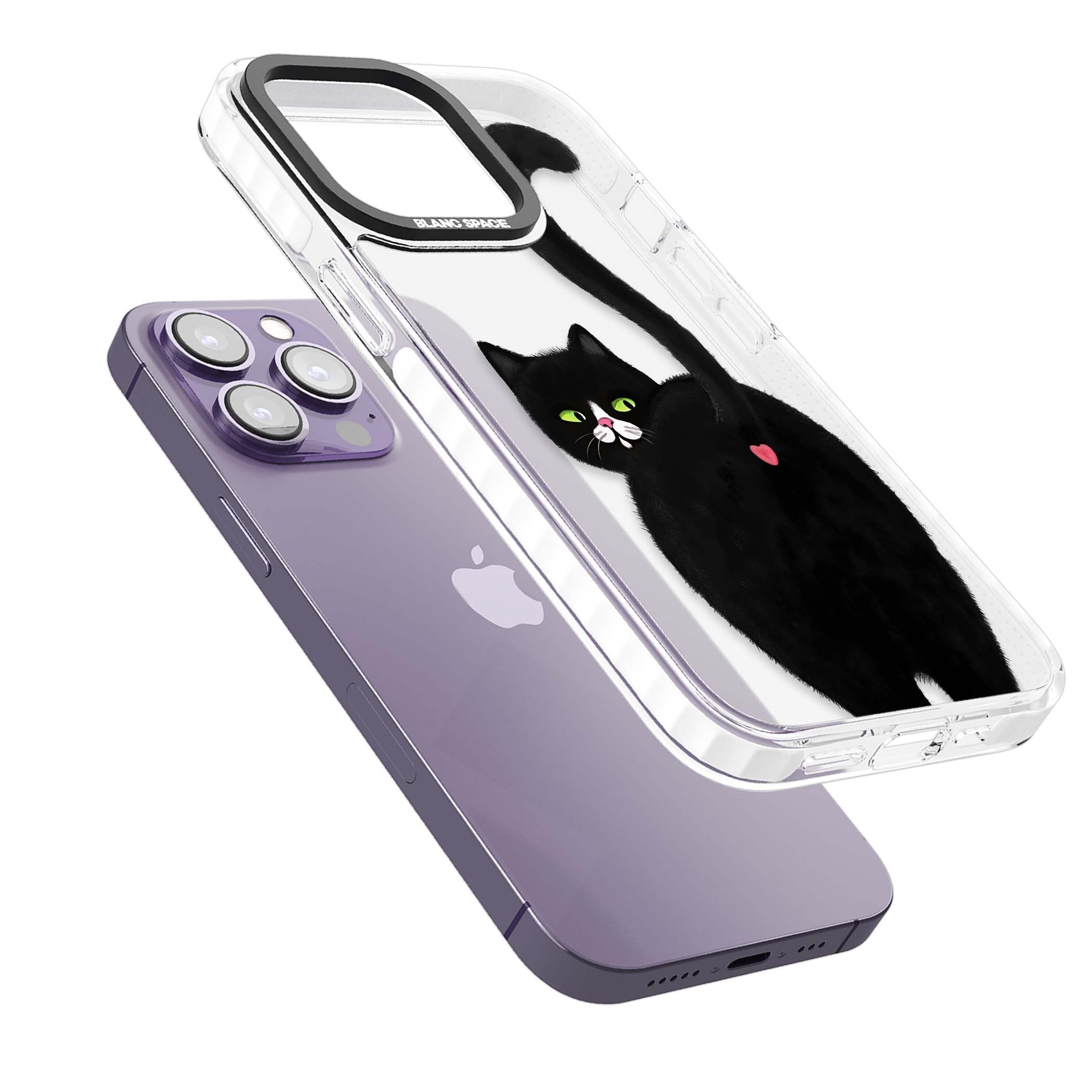 The Cat's Kiss cute cat iPhone case featuring a hand-painted tuxedo kitty with green eyes and a pink heart on a clear | Clear Impact case for iPhone 13 Pro, iPhone 14 Pro, iPhone 15 Pro
