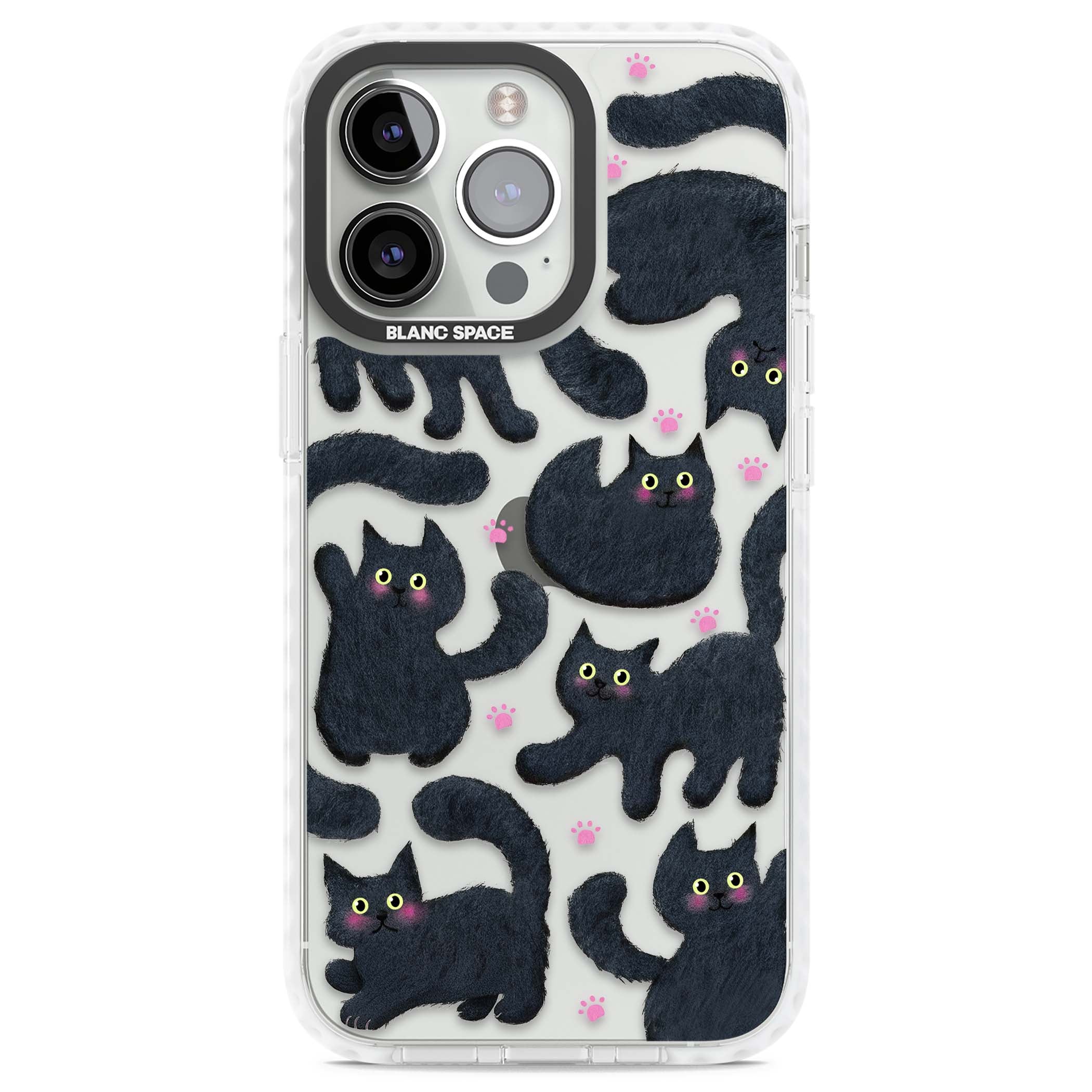 Midnight Cats cute iPhone case featuring black cat pattern with yellow eyes and pink paw prints | Clear Impact case for iPhone 13 Pro, iPhone 14 Pro, iPhone 15 Pro