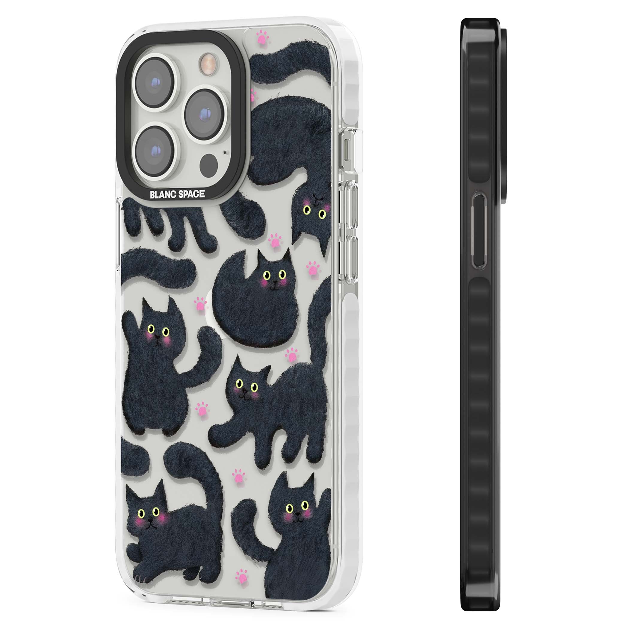 Midnight Cats cute iPhone case featuring black cat pattern with yellow eyes and pink paw prints | Clear Impact case for iPhone 13 Pro, iPhone 14 Pro, iPhone 15 Pro