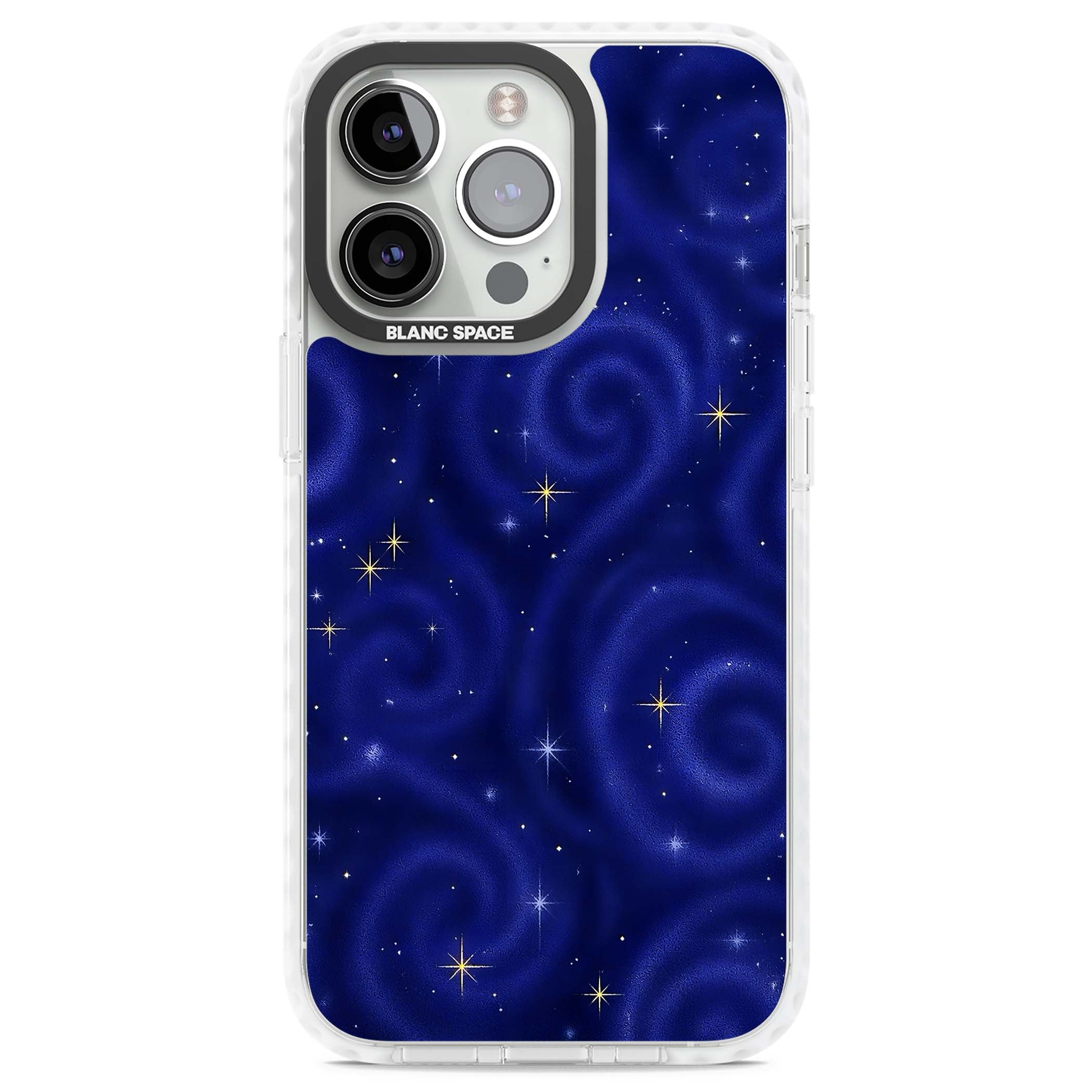 Indigo Cosmos celestial iPhone case featuring swirling navy night sky and sparkling golden stars | Clear Impact case for iPhone 13 Pro, iPhone 14 Pro, iPhone 15 Pro