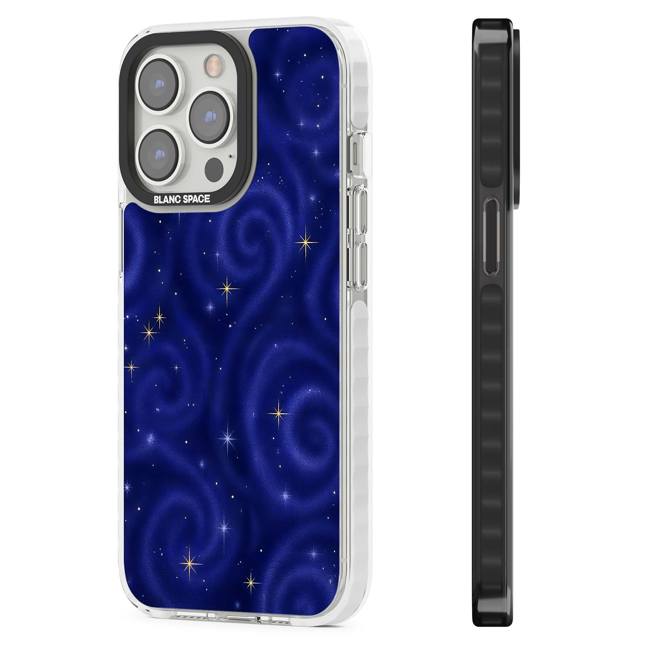 Indigo Cosmos celestial iPhone case featuring swirling navy night sky and sparkling golden stars | Clear Impact case for iPhone 13 Pro, iPhone 14 Pro, iPhone 15 Pro