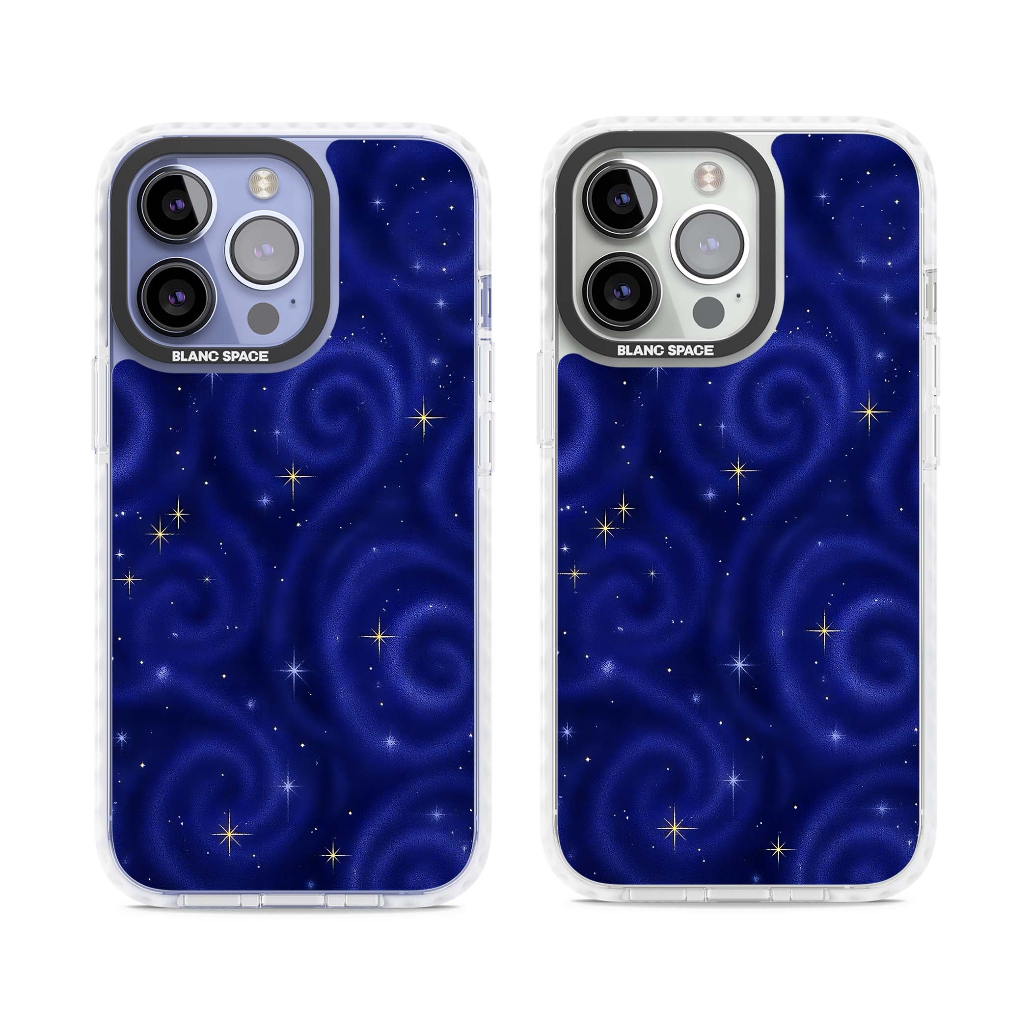 Indigo Cosmos celestial iPhone case featuring swirling navy night sky and sparkling golden stars | Clear Impact case for iPhone 13 Pro, iPhone 14 Pro, iPhone 15 Pro