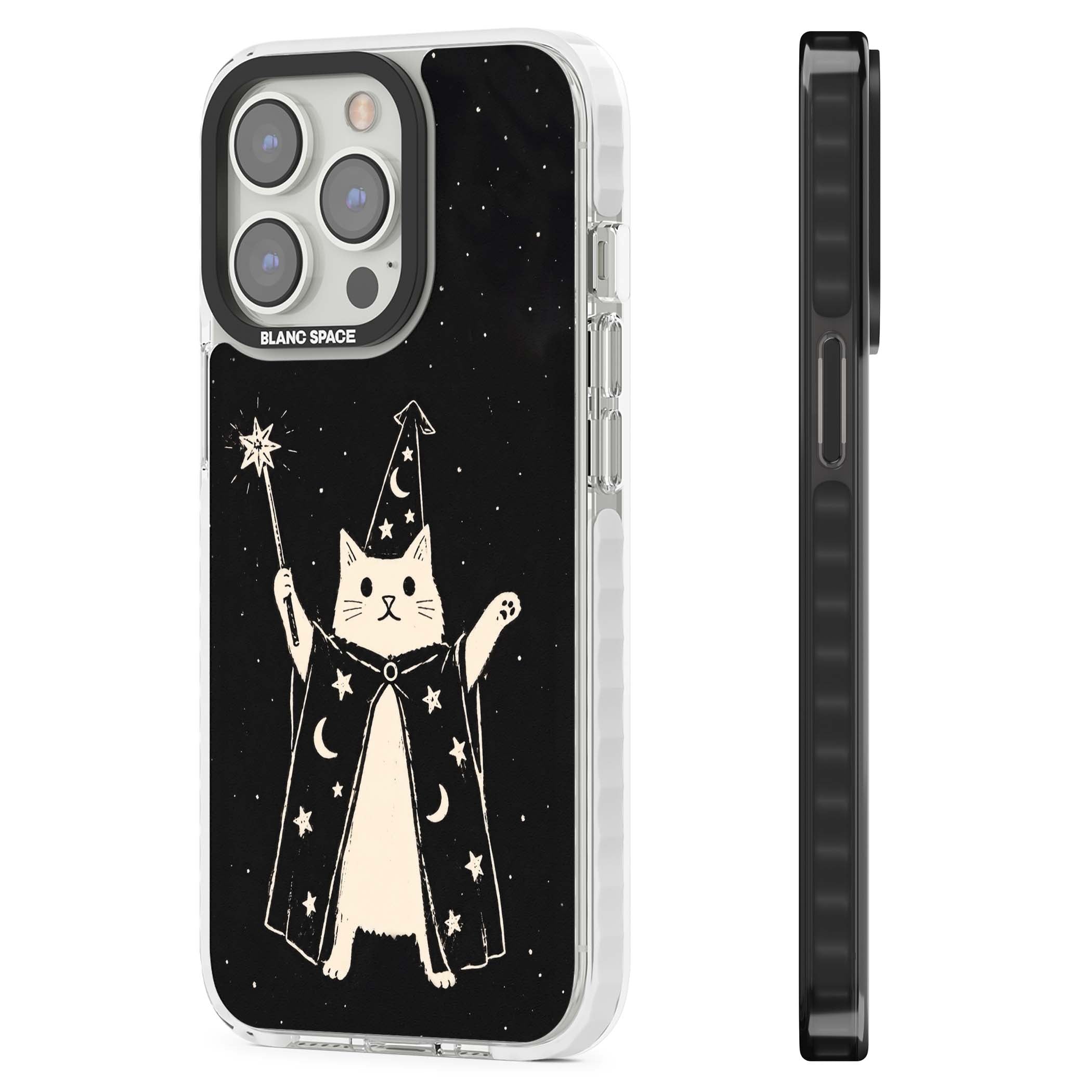 Whisker Wizard celestial cat iPhone case featuring a wizard cat with magic wand, starry night sky and crescent moons | Clear Impact case for iPhone 13 Pro, iPhone 14 Pro, iPhone 15 Pro