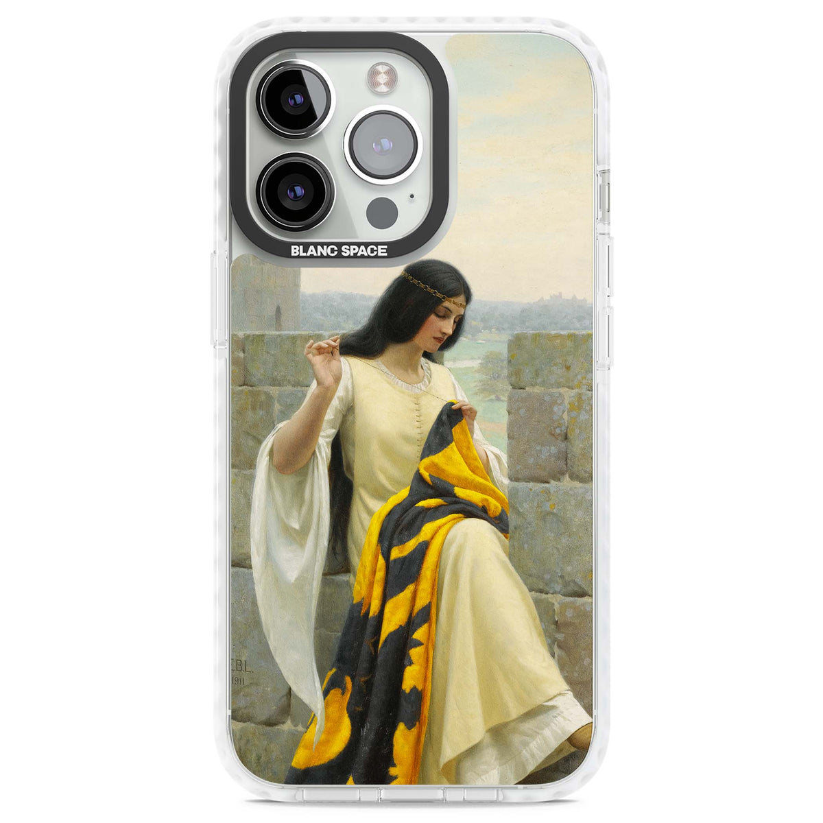 Stitching the Standard renaissance art iPhone case featuring a medieval lady sewing a golden banner on a castle wall | Clear Impact case for iPhone 13 Pro, iPhone 14 Pro, iPhone 15 Pro