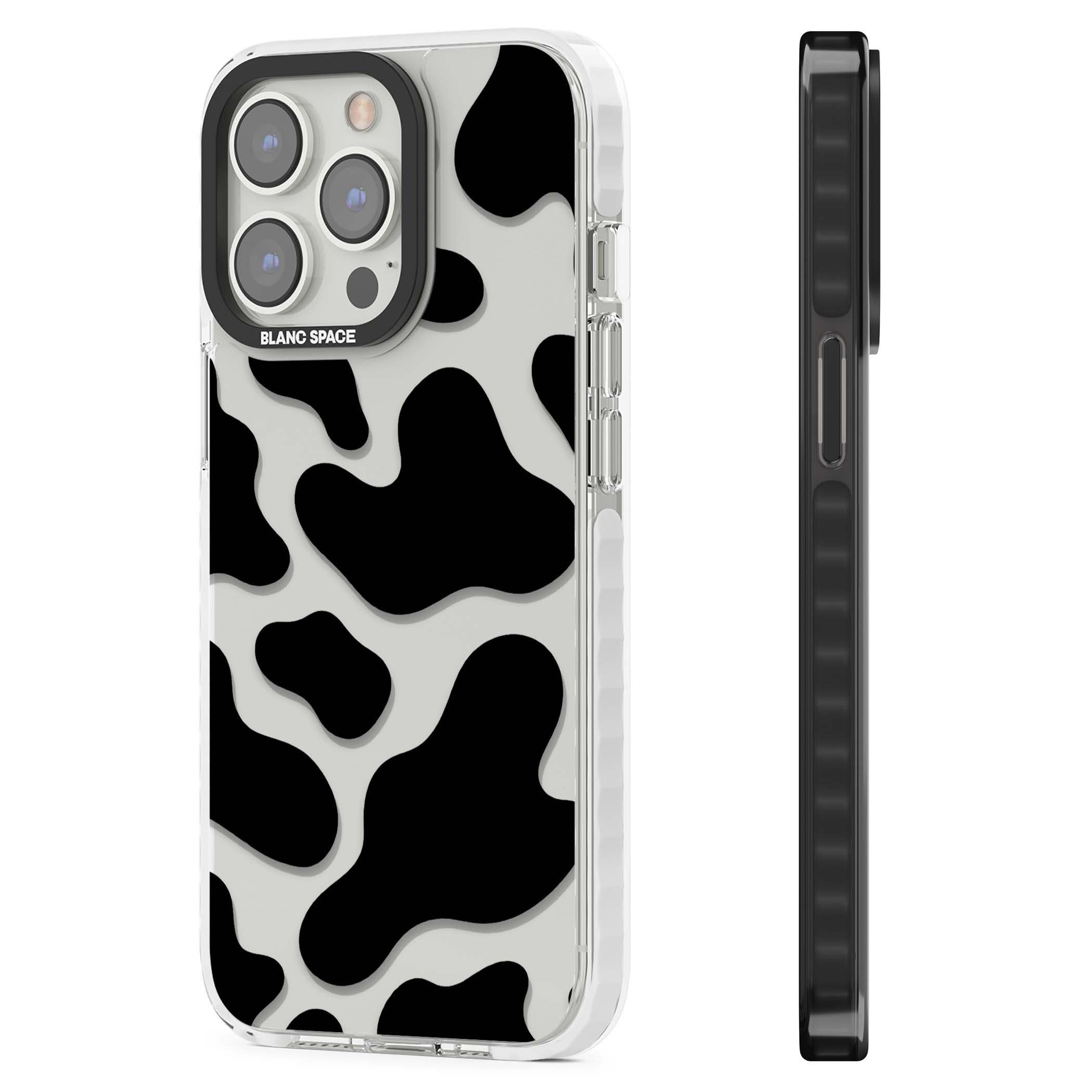 Clear Cow Print cow print iPhone case featuring black and white cow pattern splotches on a clear background | Clear Impact case for iPhone 13 Pro, iPhone 14 Pro, iPhone 15 Pro
