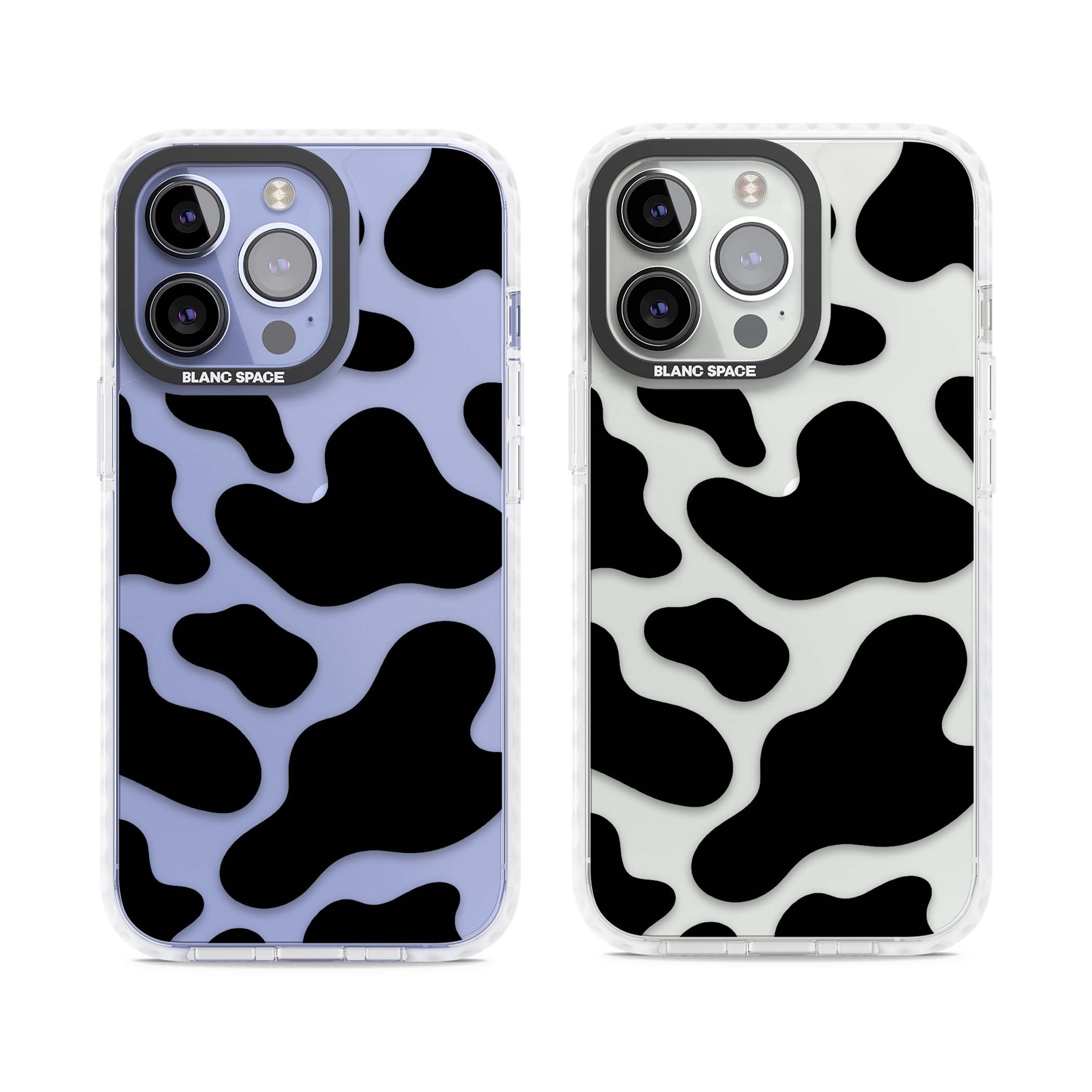 Clear Cow Print cow print iPhone case featuring black and white cow pattern splotches on a clear background | Clear Impact case for iPhone 13 Pro, iPhone 14 Pro, iPhone 15 Pro