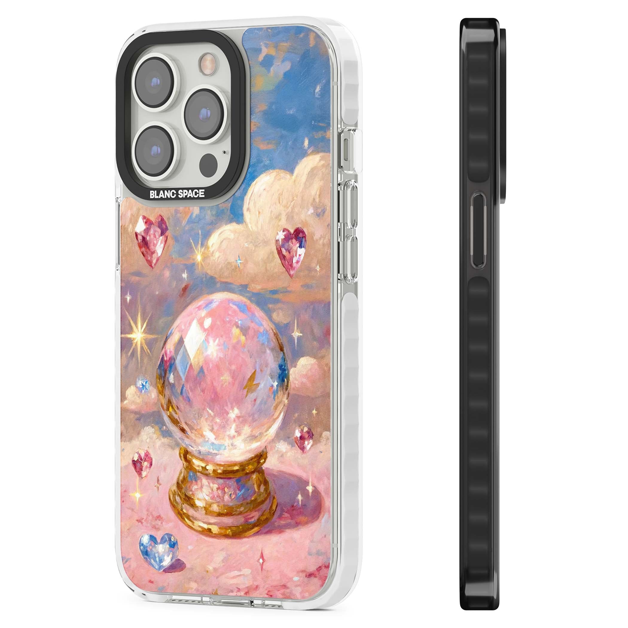 Crystal Ball fairycore iPhone case featuring a painted crystal ball, heart gemstones, and pastel clouds | Clear Impact case for iPhone 13 Pro, iPhone 14 Pro, iPhone 15 Pro