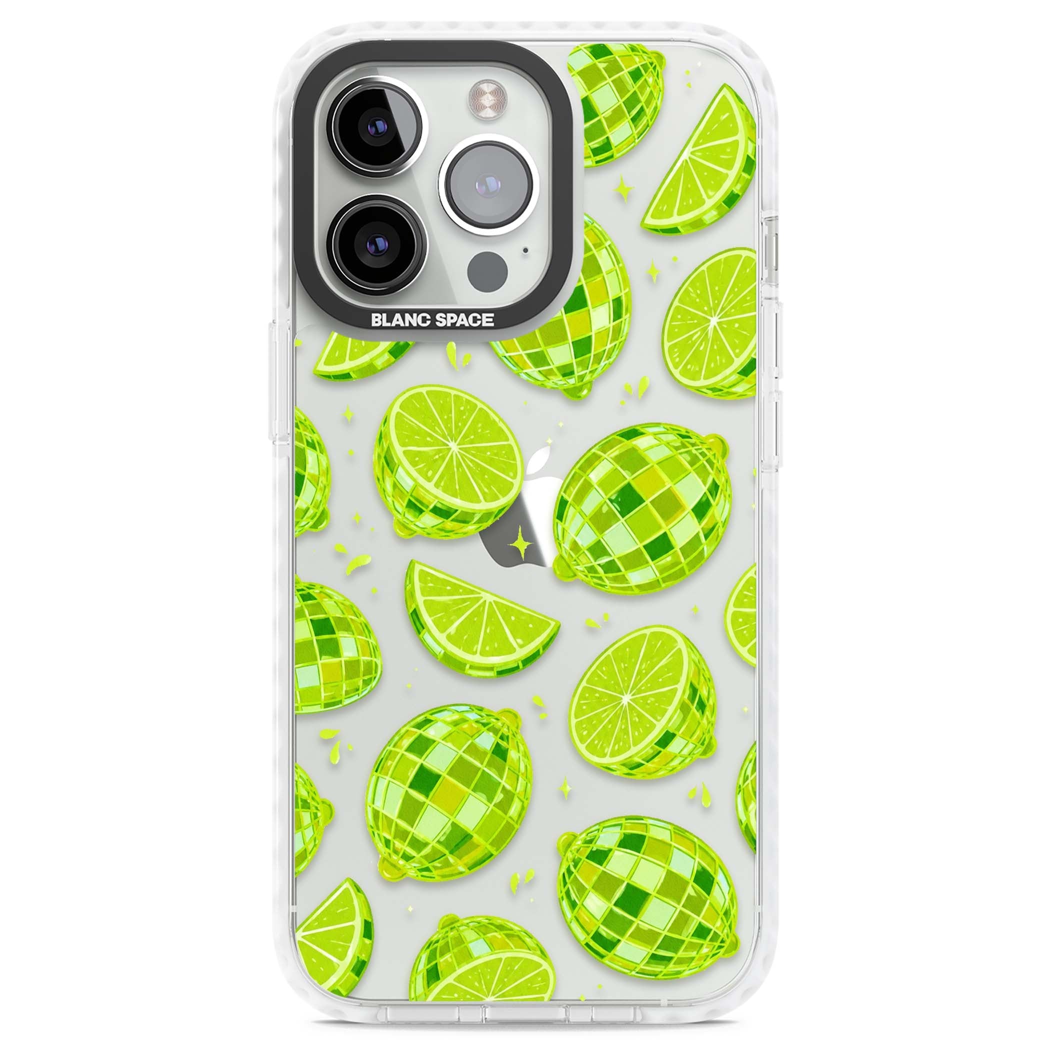 Disco Limes fruit aesthetic iPhone case featuring green disco balls, lime slices and citrus sparkles | Clear Impact case for iPhone 13 Pro, iPhone 14 Pro, iPhone 15 Pro